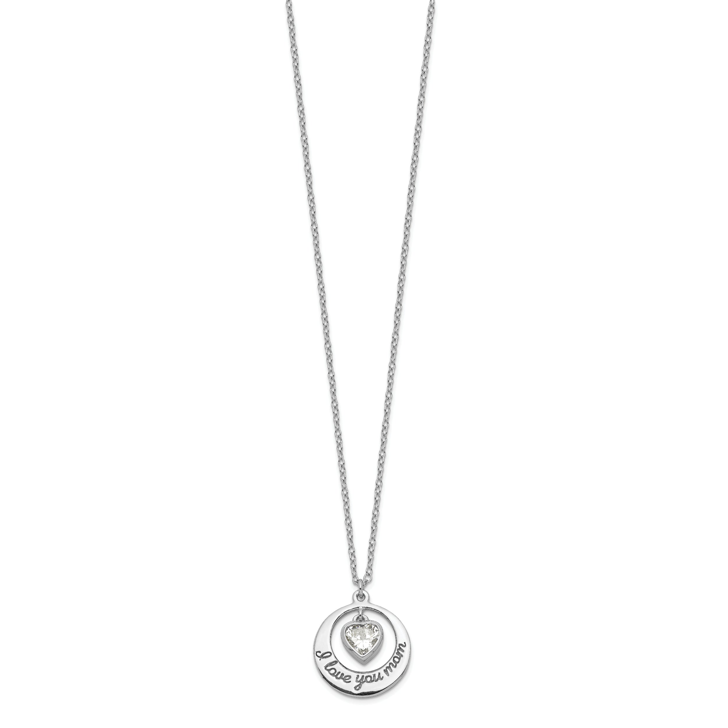 Sterling Silver Rhodium-plated I LOVE YOU MOM with CZ Heart Dangle 15 inch Necklace with 2 inch extension