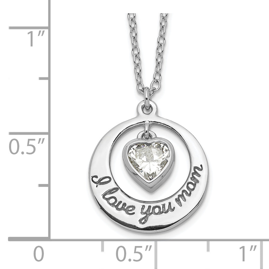 Sterling Silver Rhodium-plated I LOVE YOU MOM with CZ Heart Dangle 15 inch Necklace with 2 inch extension