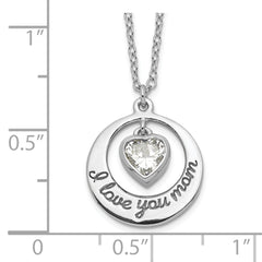 Sterling Silver Rhodium-plated I LOVE YOU MOM with CZ Heart Dangle 15 inch Necklace with 2 inch extension