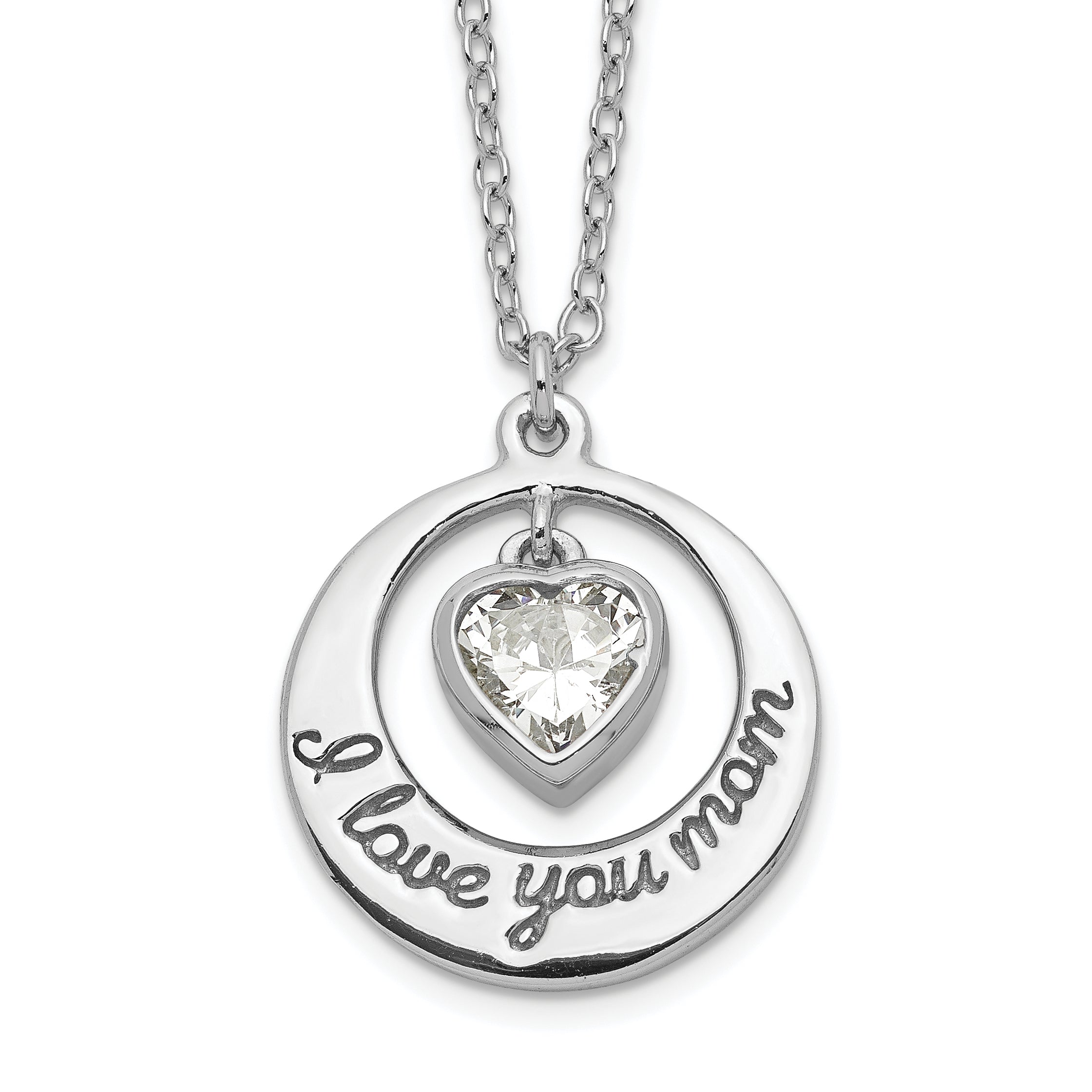 Sterling Silver Rhodium-plated I LOVE YOU MOM with CZ Heart Dangle 15 inch Necklace with 2 inch extension