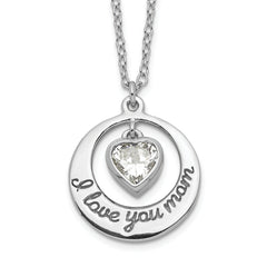 Sterling Silver Rhodium-plated I LOVE YOU MOM with CZ Heart Dangle 15 inch Necklace with 2 inch extension