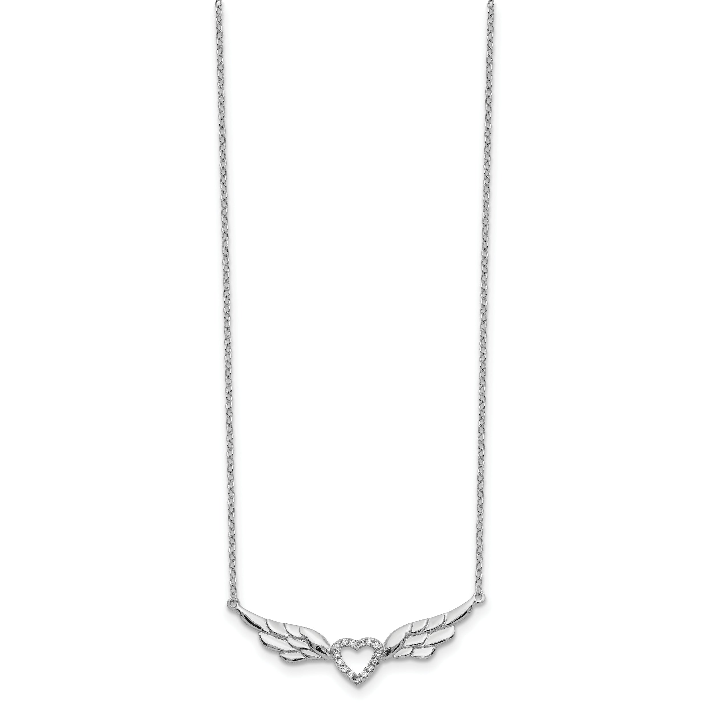 Sterling Silver Rhodium-plated CZ Heart with Wings 16 inch Necklace with 1 inch extension