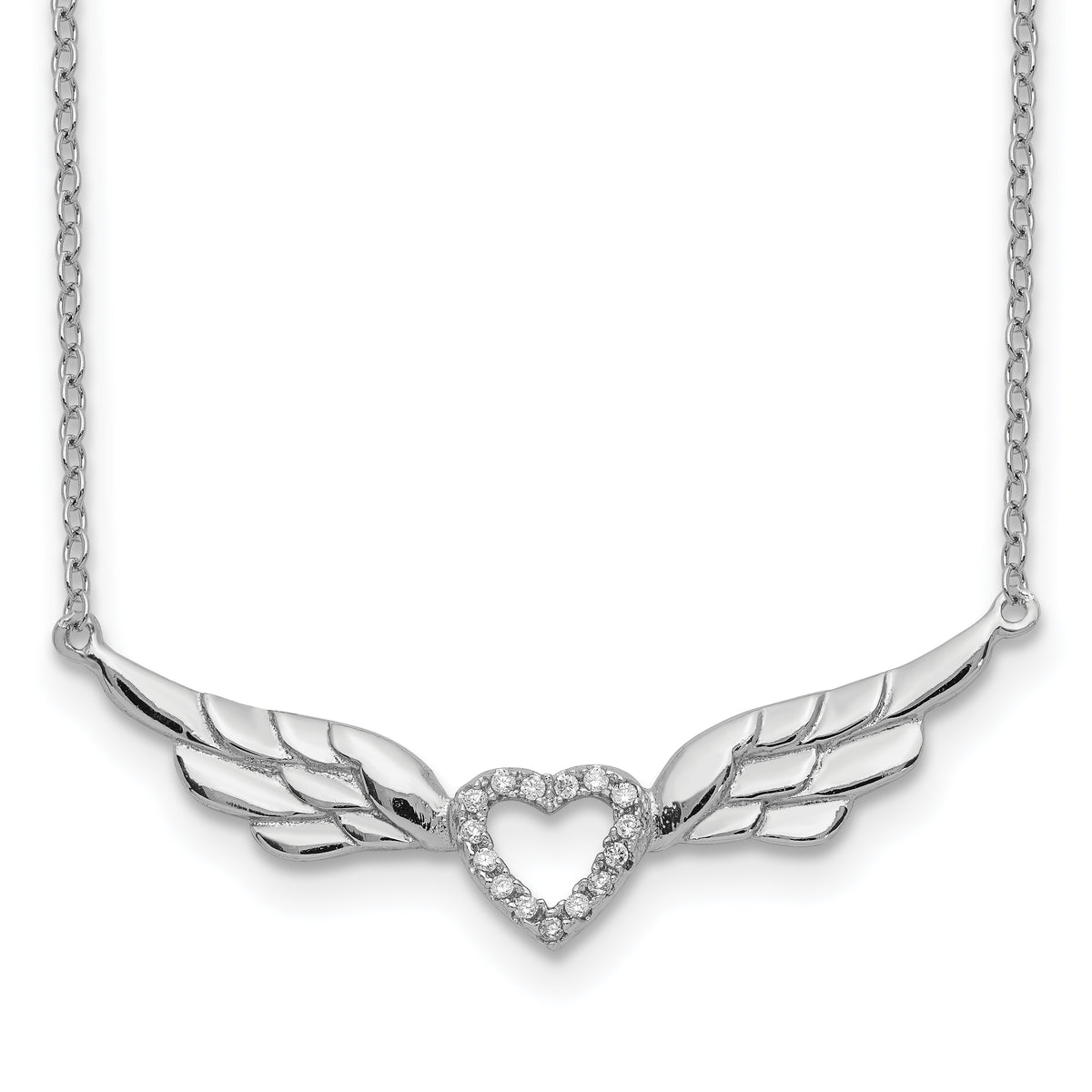 Sterling Silver Rhodium-plated CZ Heart with Wings 16 inch Necklace with 1 inch extension