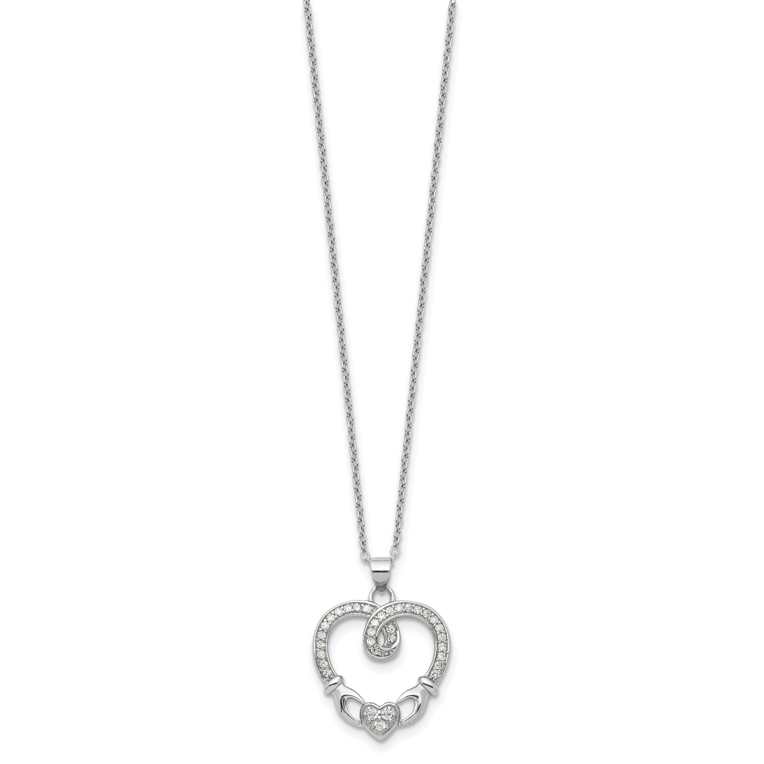 Sterling Silver Rhod-plated Claddagh Heart CZ  W/ 1 in ext.Necklace