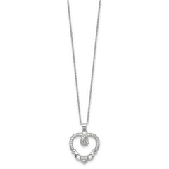 Sterling Silver Rhod-plated Claddagh Heart CZ  W/ 1 in ext.Necklace