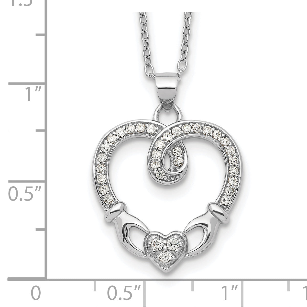 Sterling Silver Rhod-plated Claddagh Heart CZ  W/ 1 in ext.Necklace