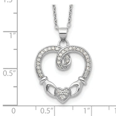 Sterling Silver Rhod-plated Claddagh Heart CZ  W/ 1 in ext.Necklace