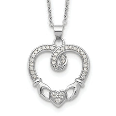 Sterling Silver Rhod-plated Claddagh Heart CZ  W/ 1 in ext.Necklace