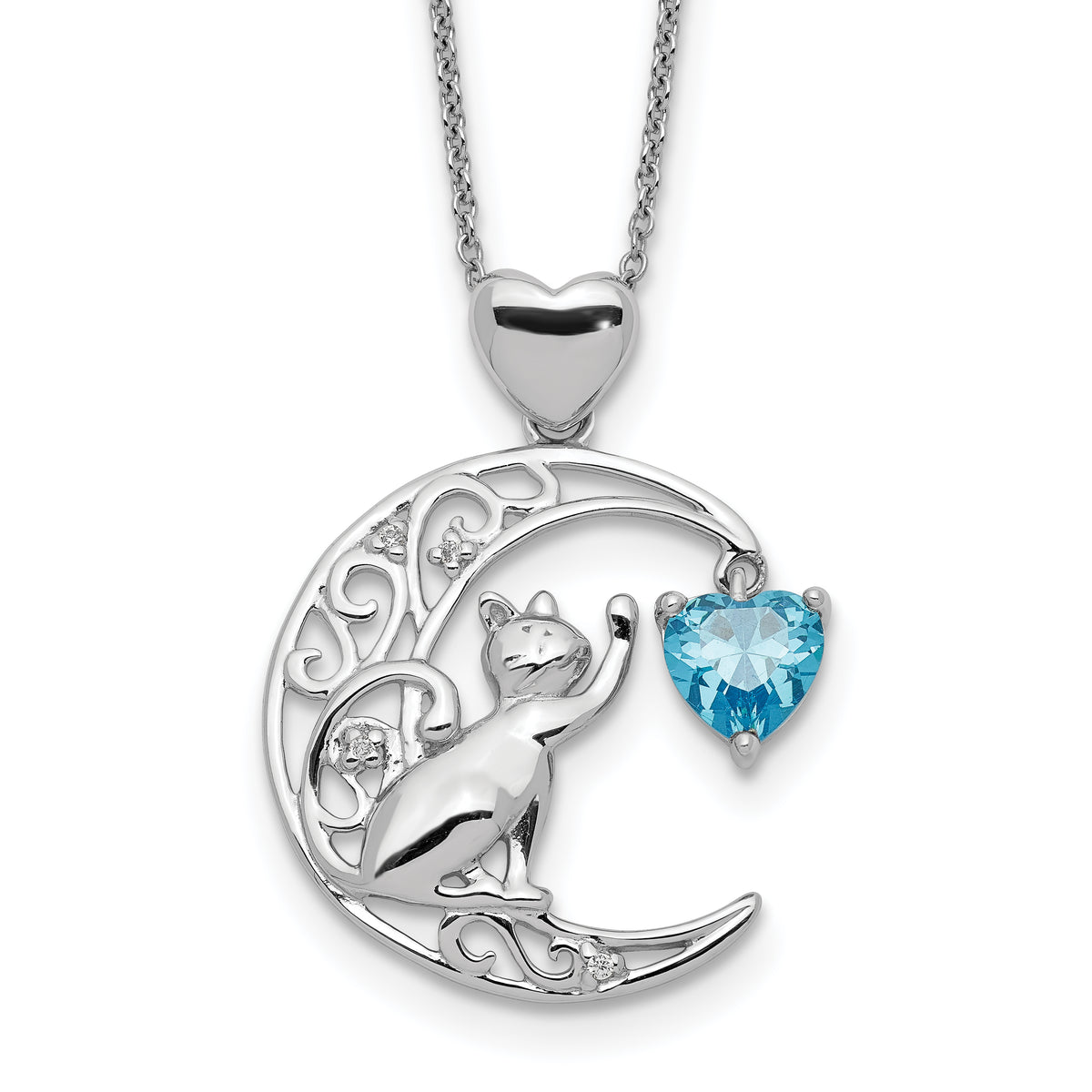 Sterling Silver Blue and Clear CZ Cat and Moon Necklace