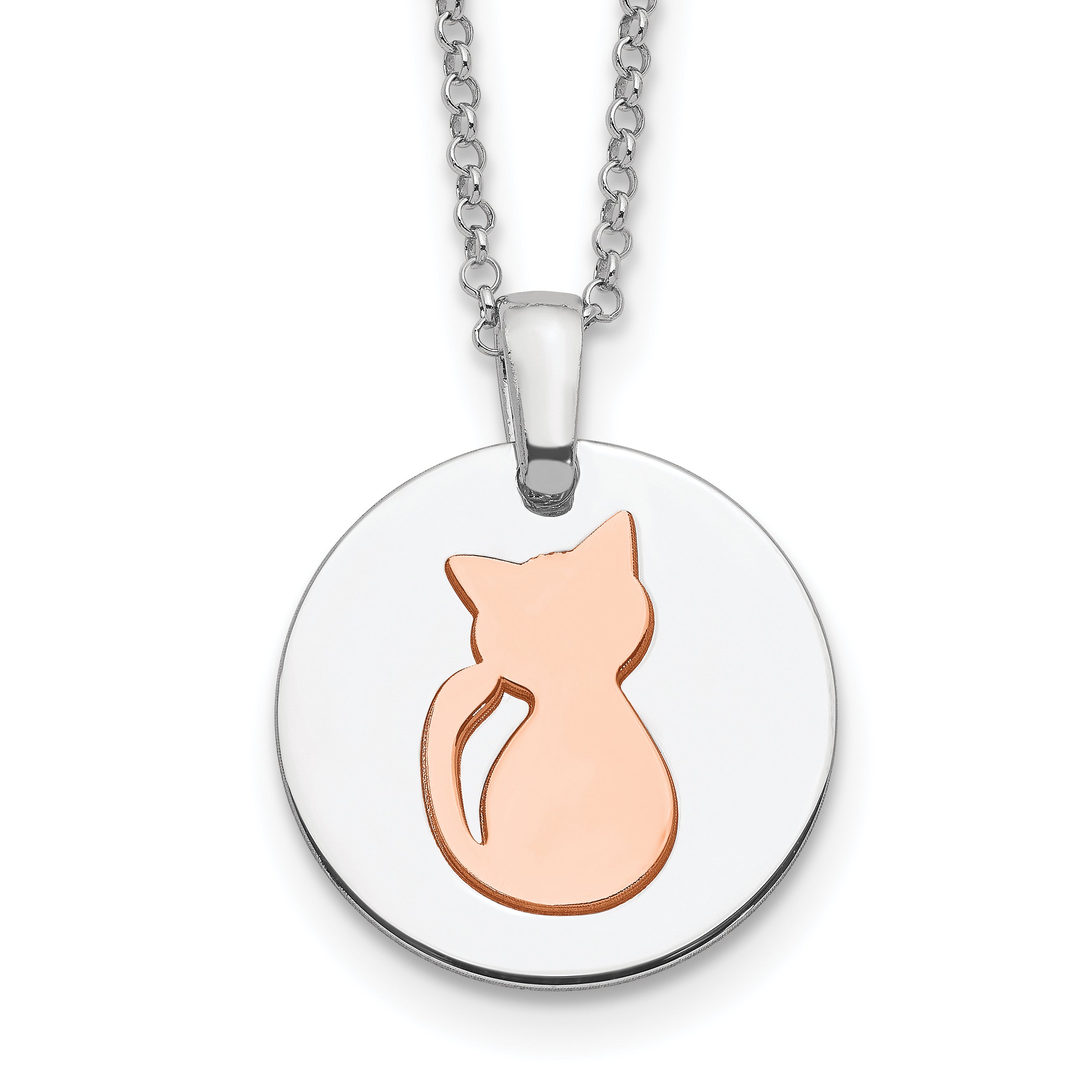 Sterling Silver RH-plated Rose Gold-plated Cat w/2in ext Necklace