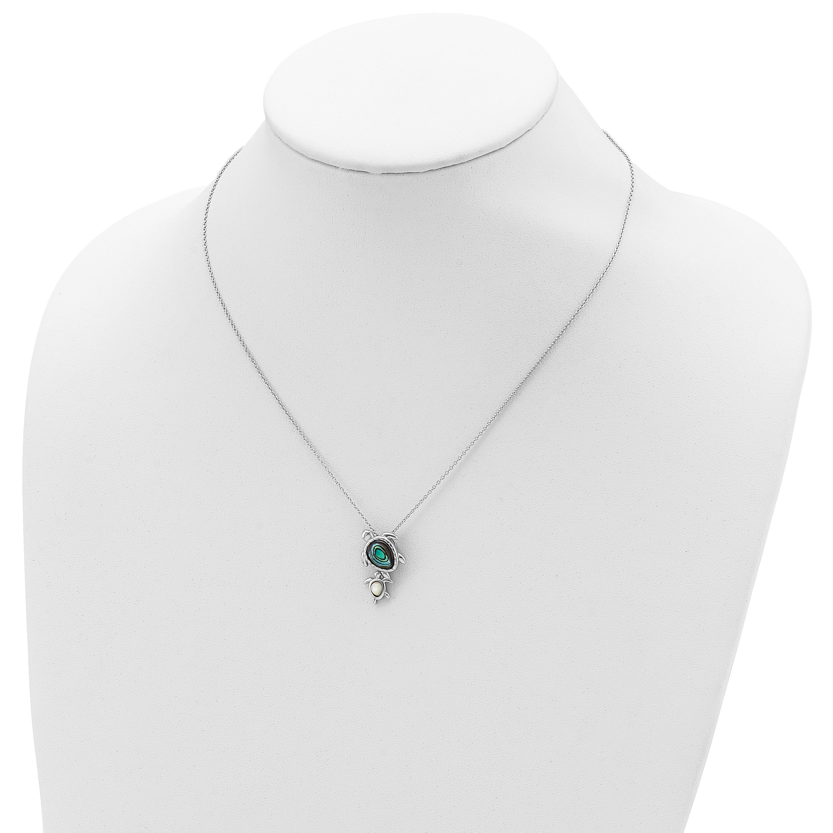 Sterling Silver Rhodium-plated Polished Abalone and Mother of Pearl Turtle 18 inch Necklace