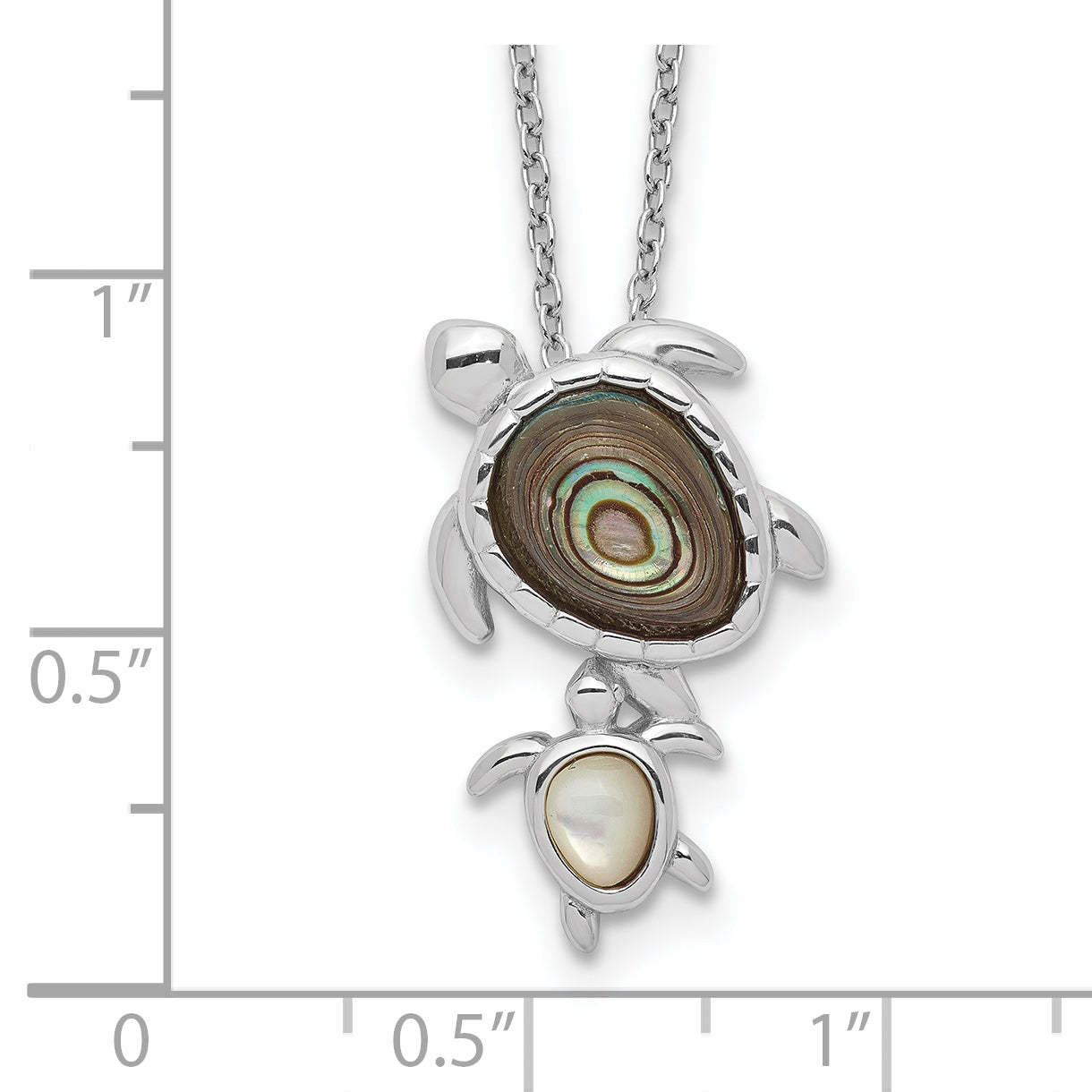 Sterling Silver Rhodium-plated Polished Abalone and Mother of Pearl Turtle 18 inch Necklace