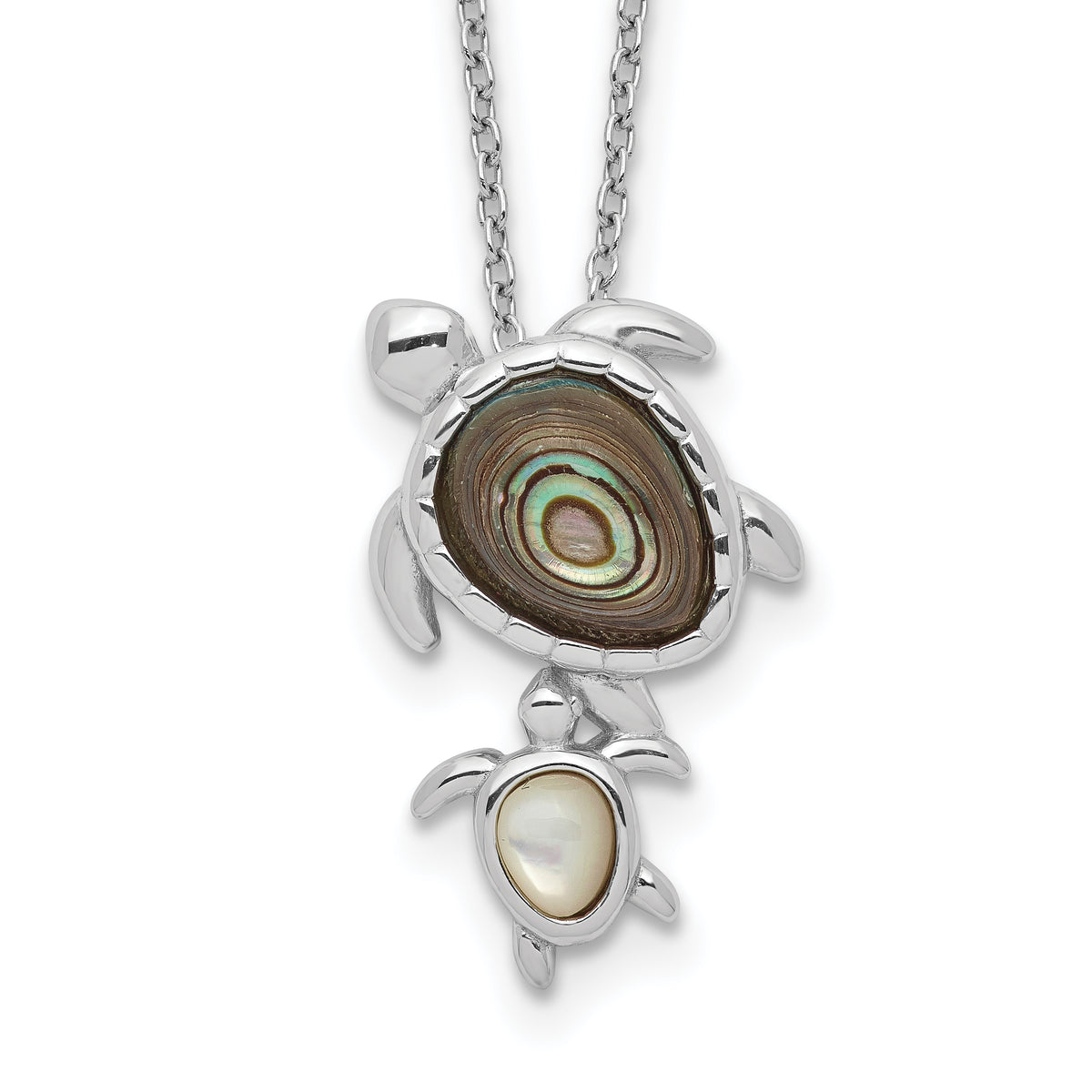 Sterling Silver Rhodium-plated Polished Abalone and Mother of Pearl Turtle 18 inch Necklace