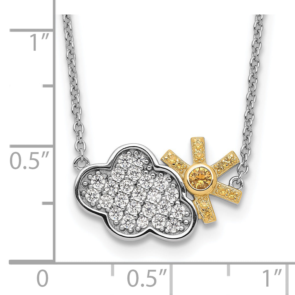 Sterling Silver RH-plated Gold-tone CZ Cloud w/Sun 2in ext Necklace