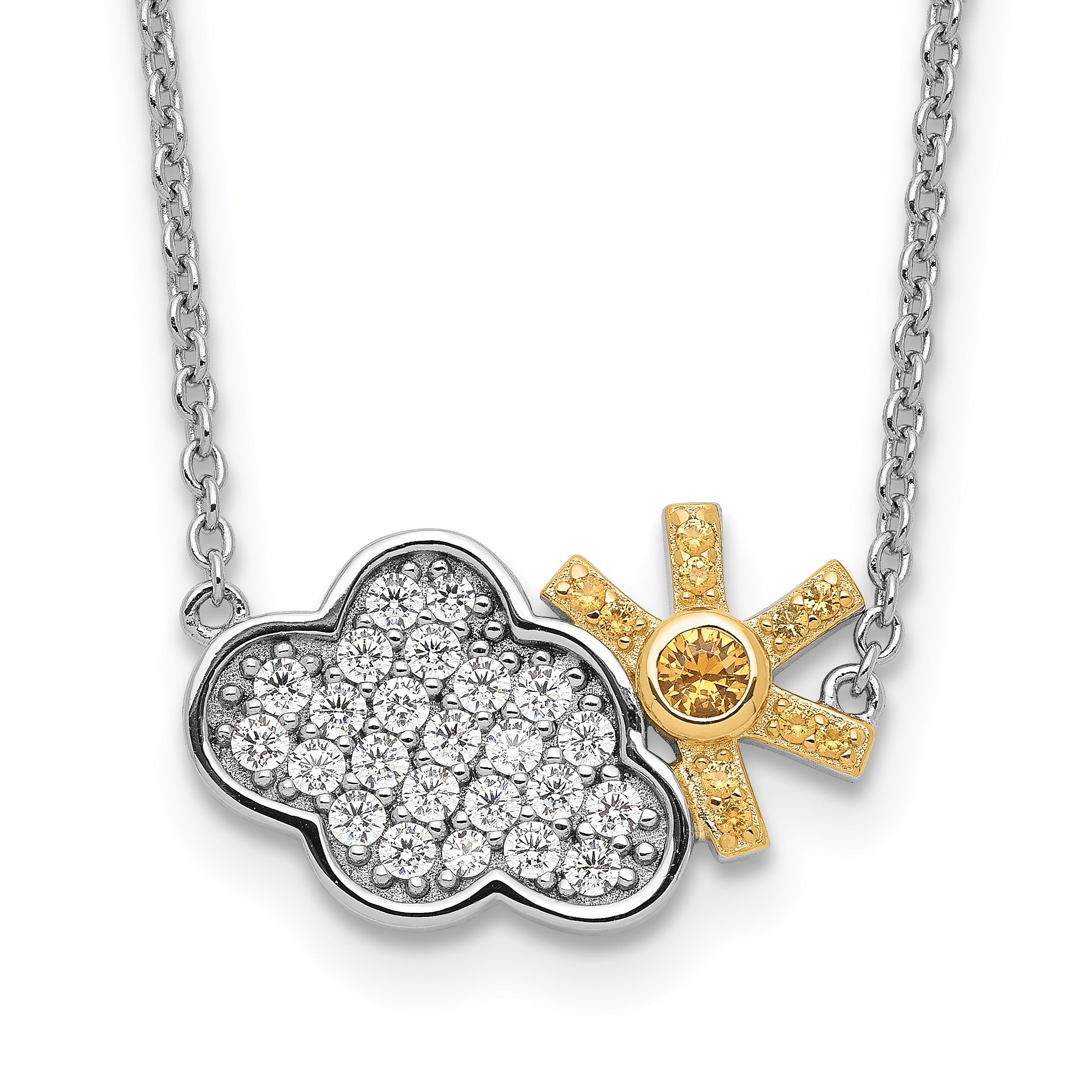 Sterling Silver RH-plated Gold-tone CZ Cloud w/Sun 2in ext Necklace