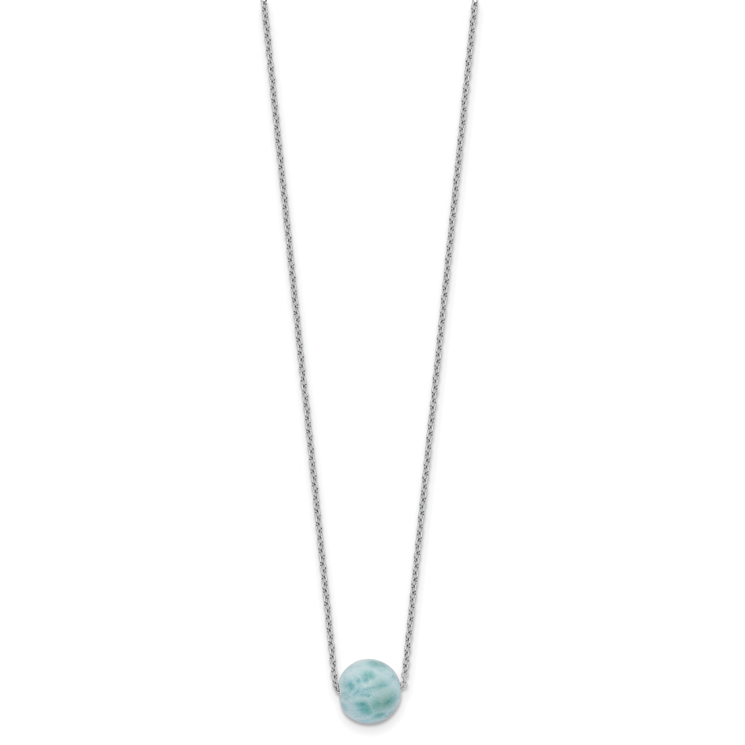 Sterling Silver Rhodium-plated Larimar Bead w/ 2in ext. Necklace