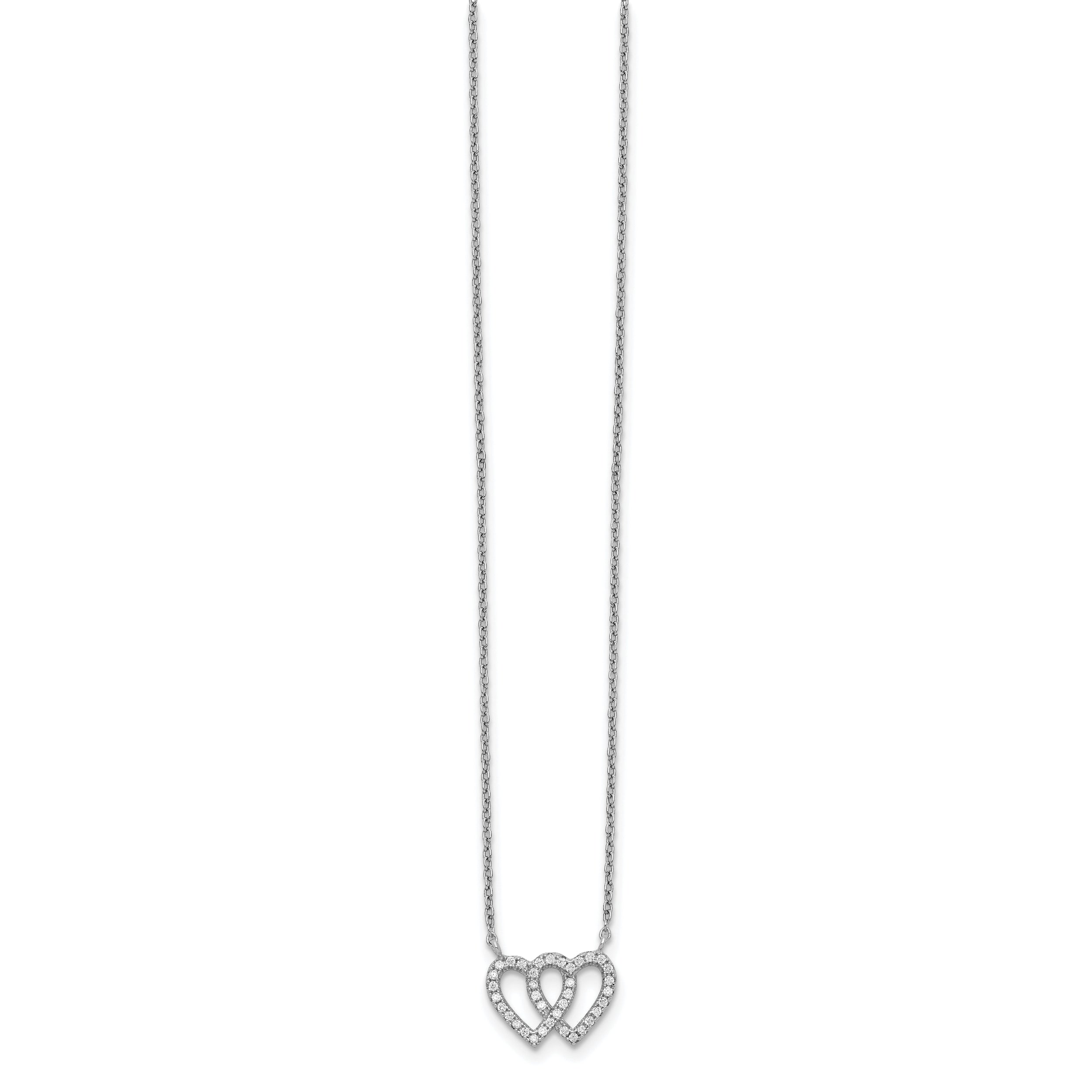 Sterling Silver Rhodium-plated Interconnected Double CZ Open Heart 16.5 inch Necklace with 1 inch extension