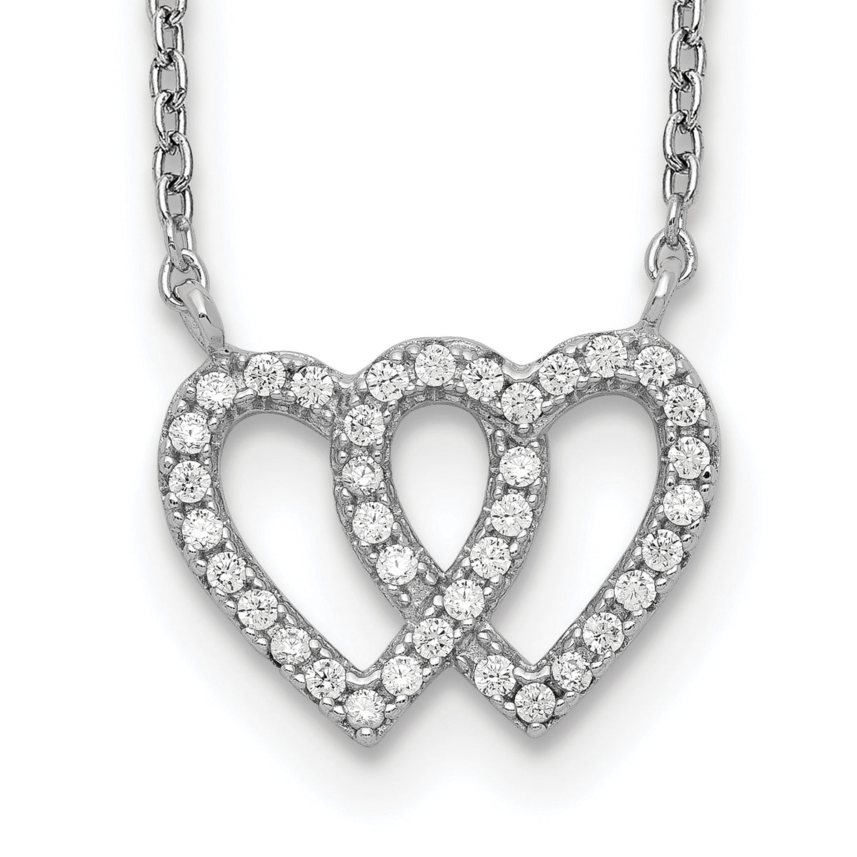 Sterling Silver Rhodium-plated Interconnected Double CZ Open Heart 16.5 inch Necklace with 1 inch extension