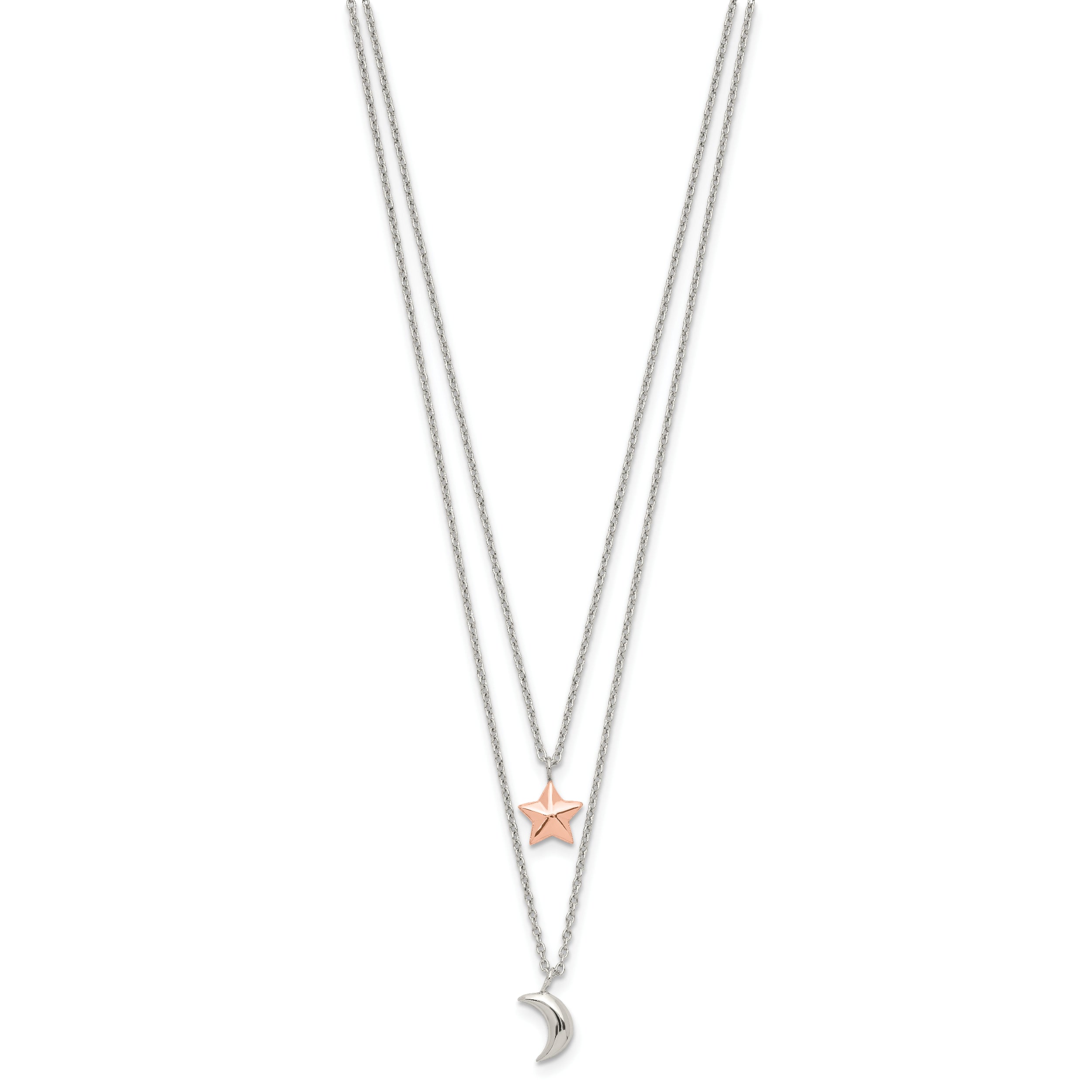 Sterling Silver Rose-Tone 2-strand Moon and Star w/1in ext Necklace