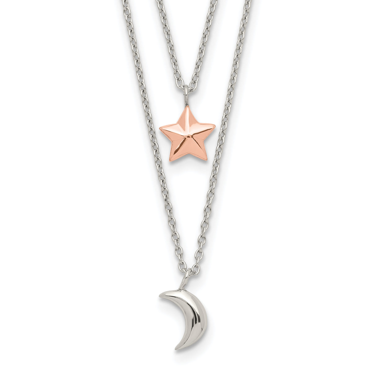 Sterling Silver Rose-Tone 2-strand Moon and Star w/1in ext Necklace