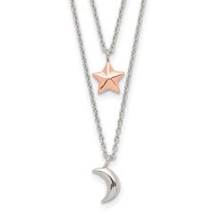 Sterling Silver Rose-Tone 2-strand Moon and Star w/1in ext Necklace