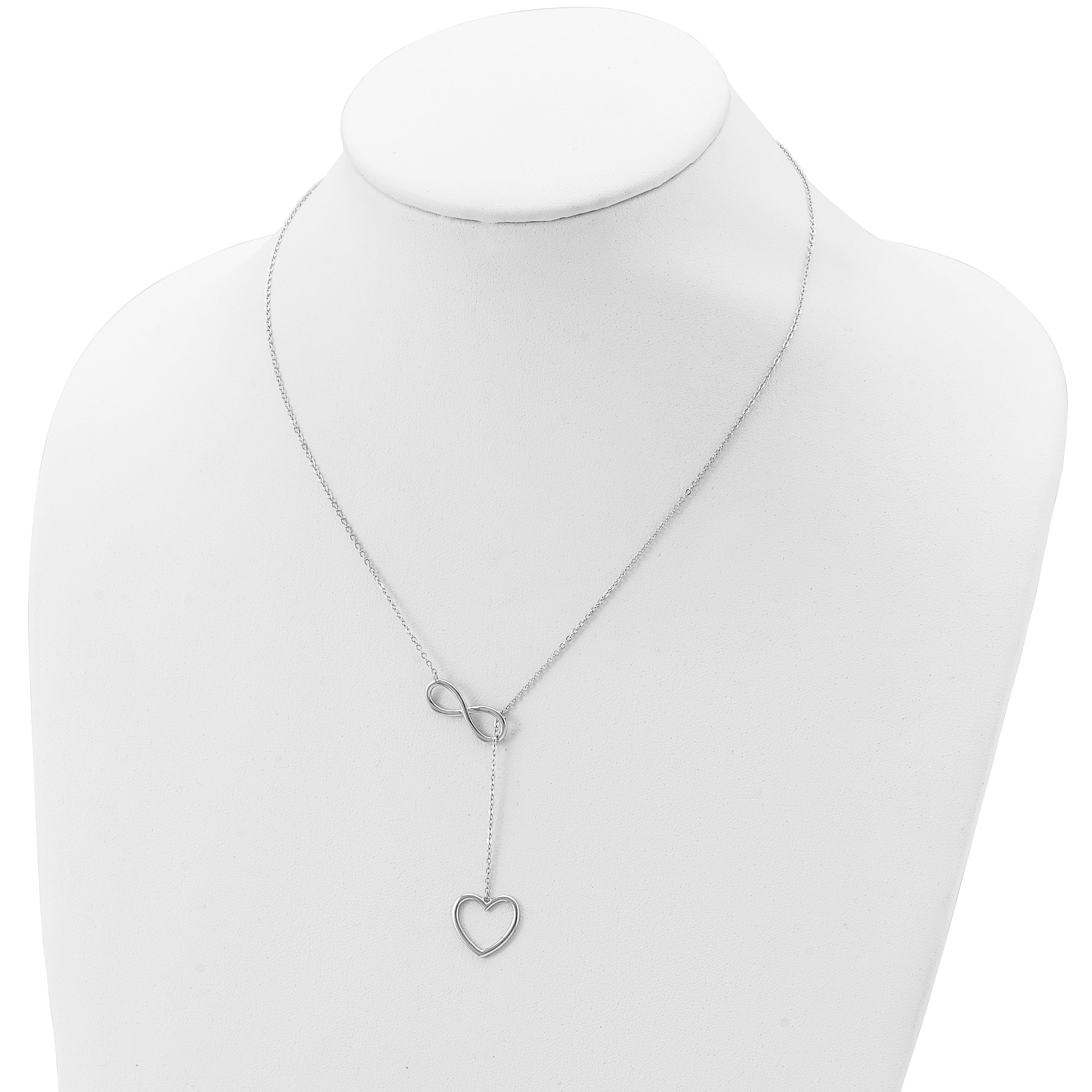 Sterling Silver Rhodium-plated Polished Open Infinity Symbol 16 inch Y Drop Open Heart Necklace with 2 inch extension