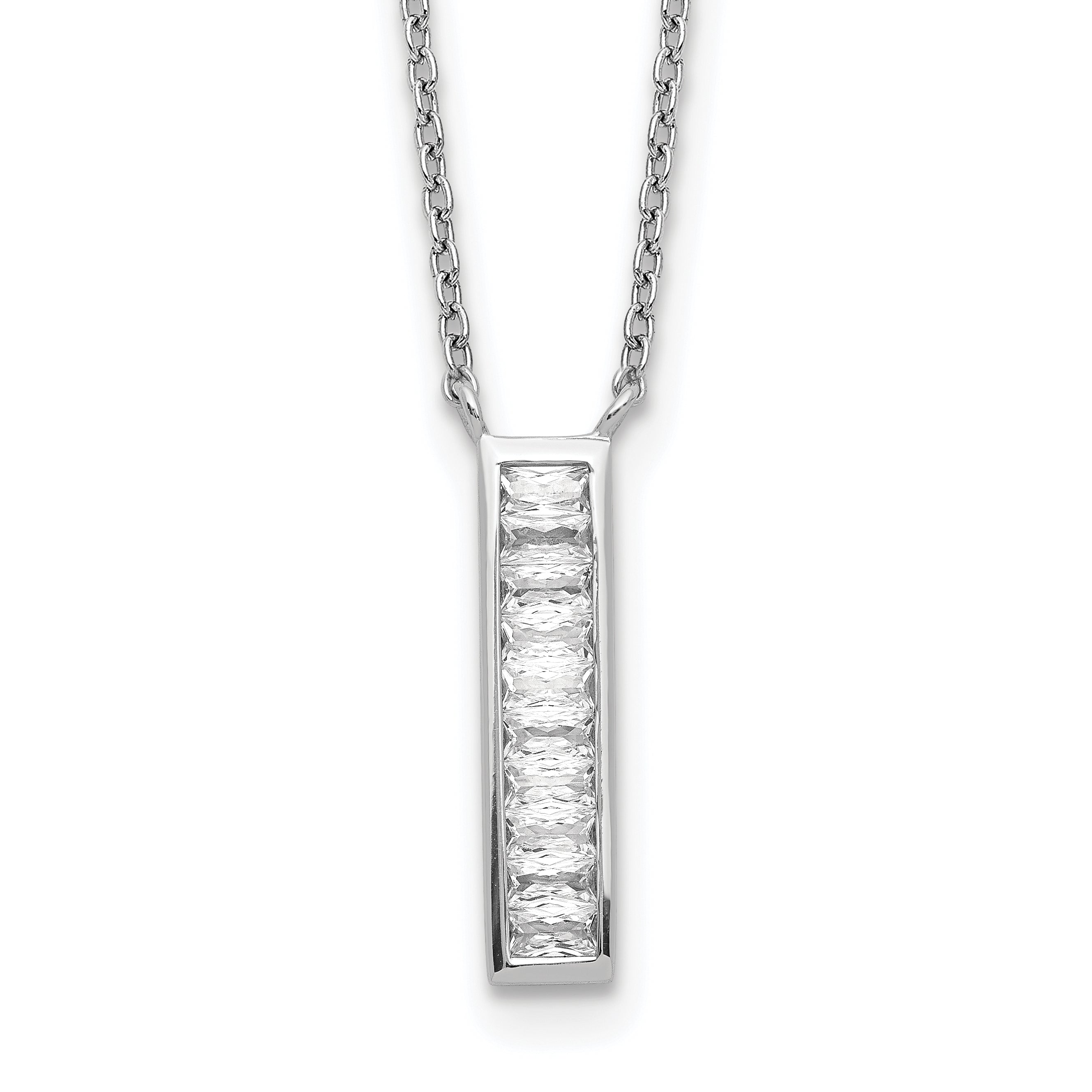 Sterling Silver Rhodium Plated CZ Vertical Bar Necklace