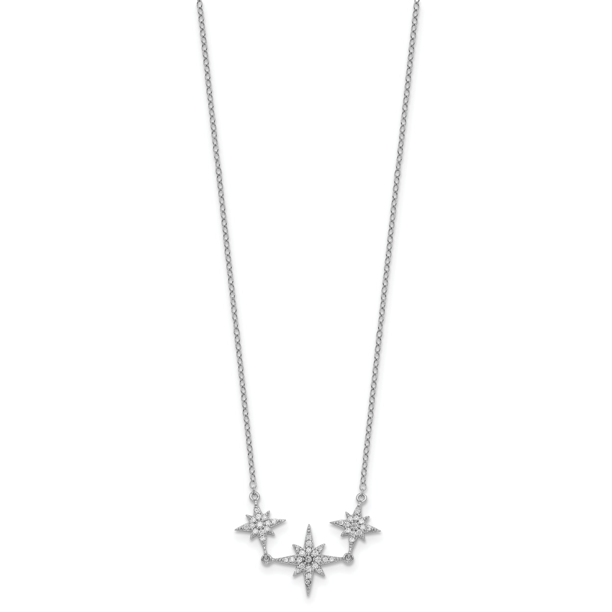 Sterling Silver Rhodium-plated CZ 3-Stars w/2in ext Necklace