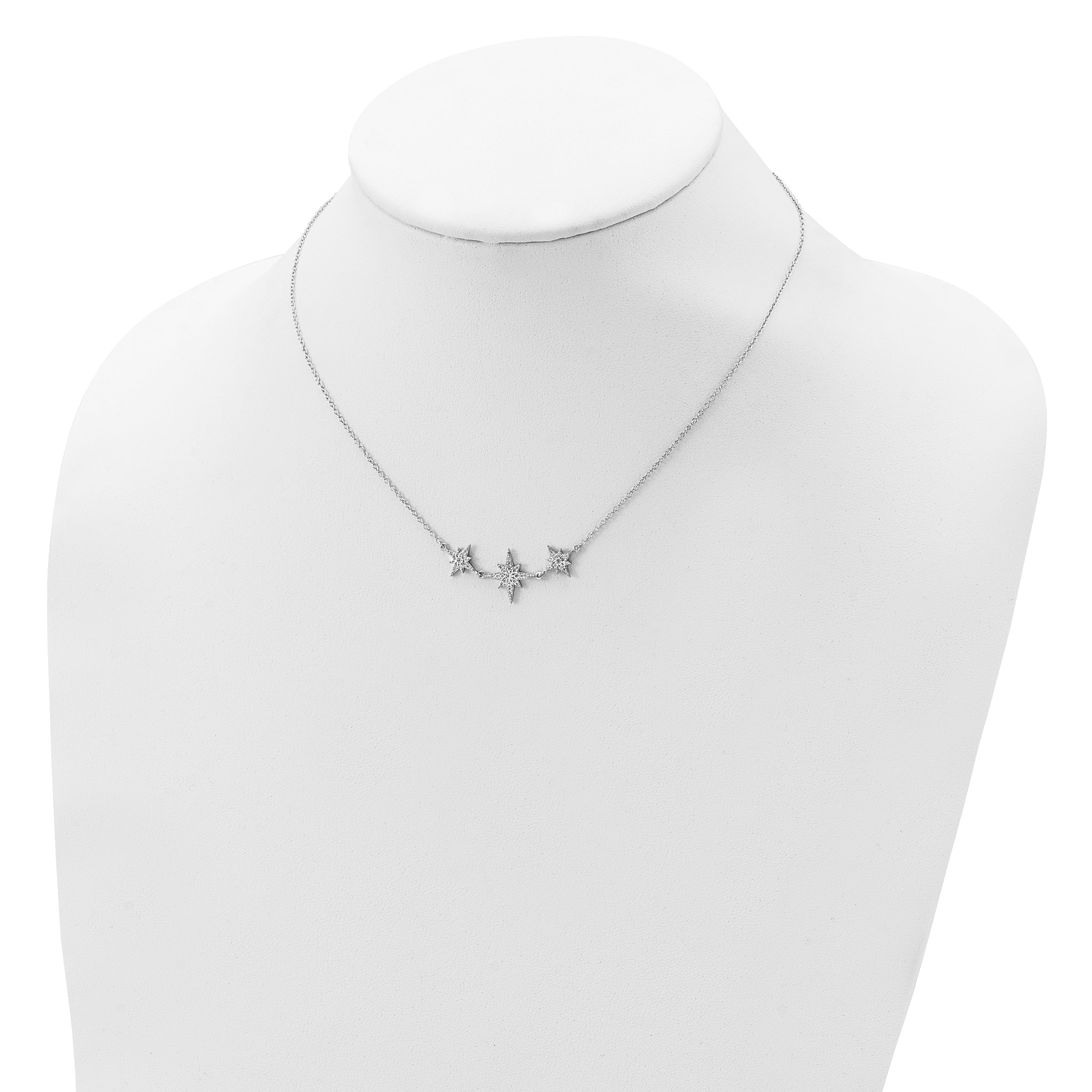 Sterling Silver Rhodium-plated CZ 3-Stars w/2in ext Necklace