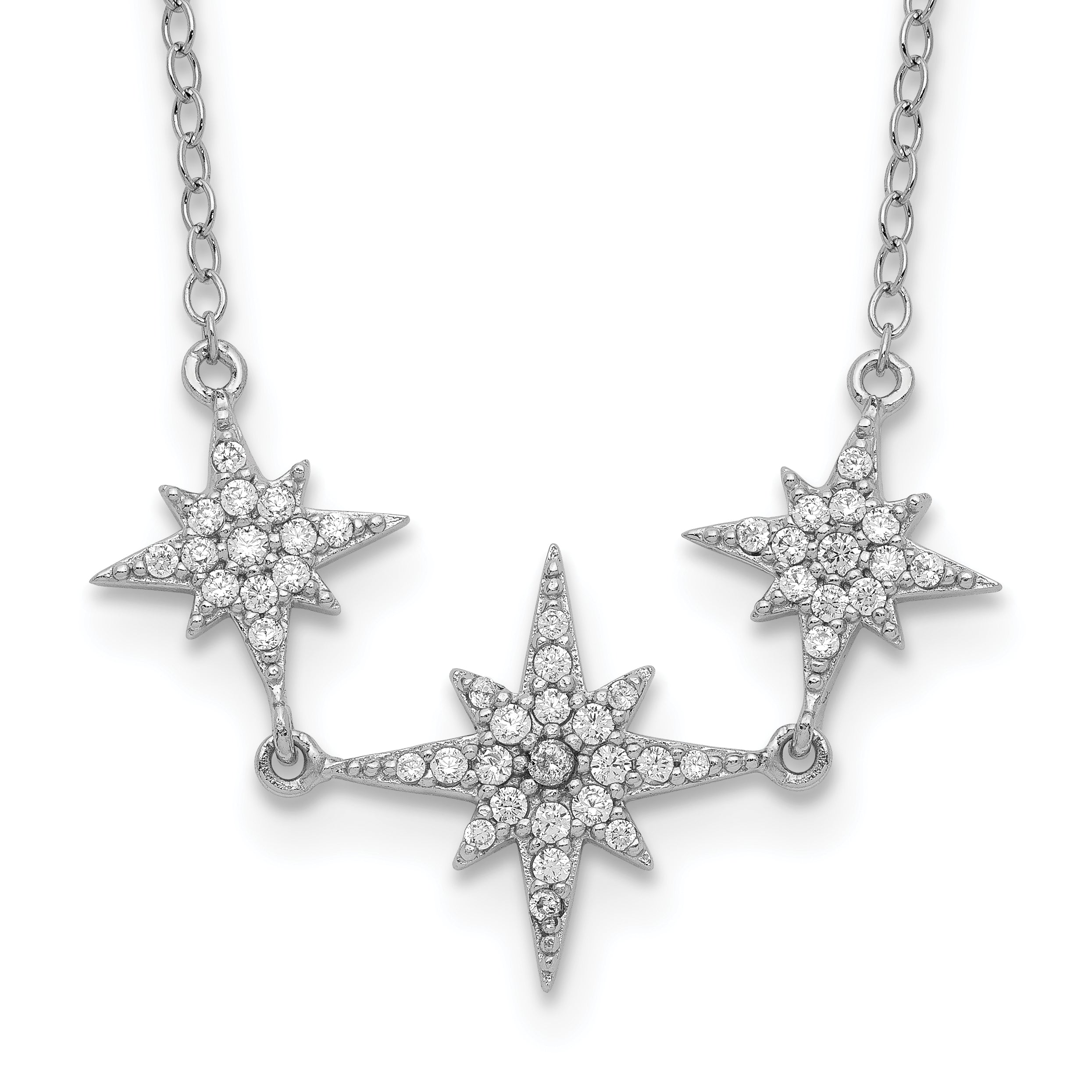 Sterling Silver Rhodium-plated CZ 3-Stars w/2in ext Necklace