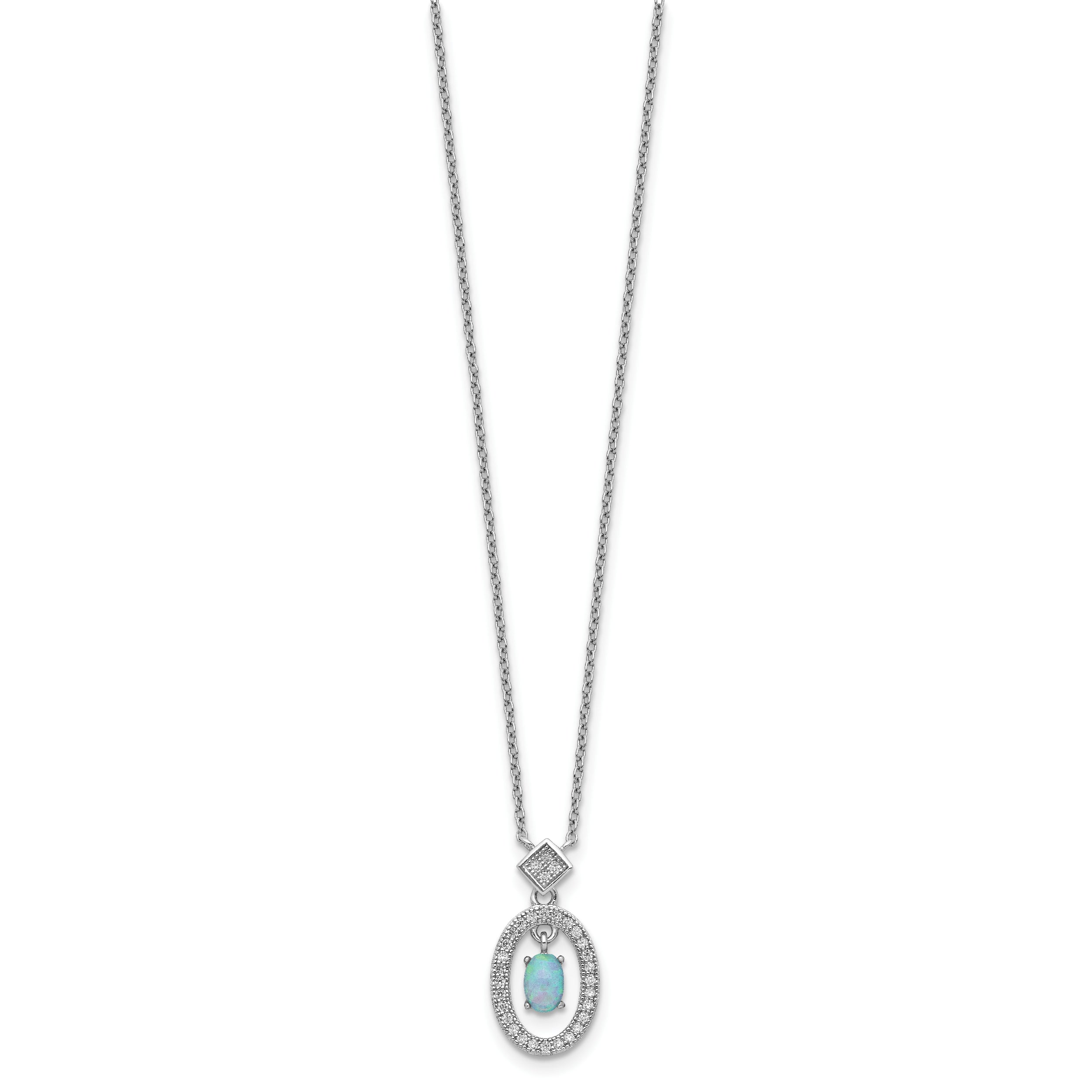 Sterling Silver Rhodium-plated Clear CZ Oval with Lab Created Opal Oval Dangle 16 inch Necklace with 2 inch extension