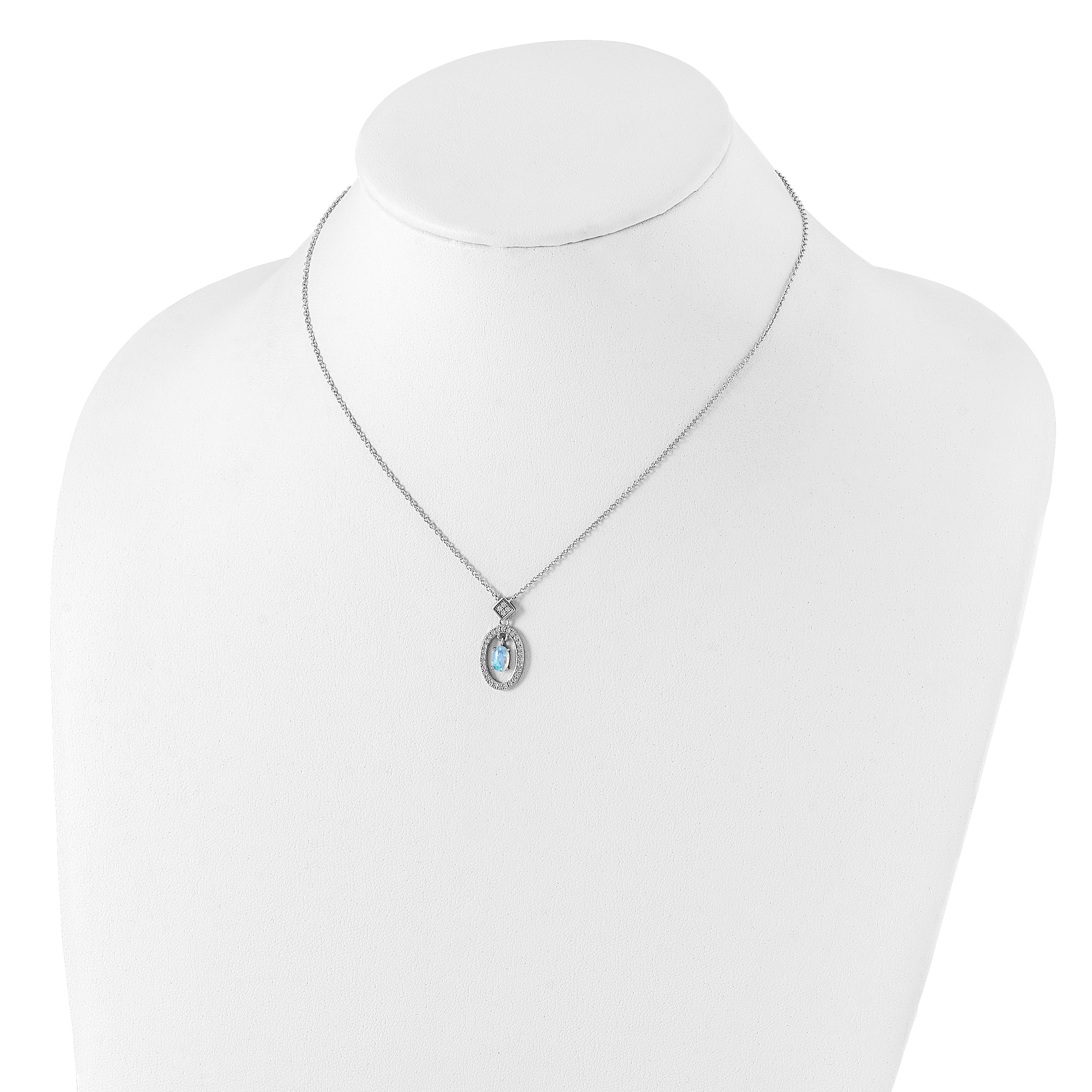 Sterling Silver Rhodium-plated Clear CZ Oval with Lab Created Opal Oval Dangle 16 inch Necklace with 2 inch extension