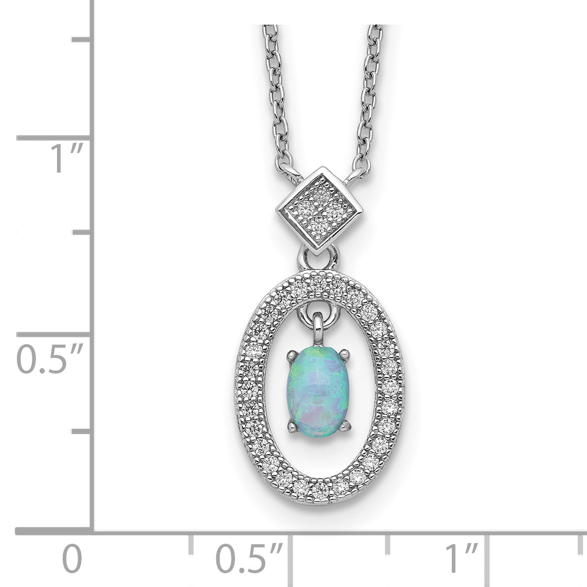 Sterling Silver Rhodium-plated Clear CZ Oval with Lab Created Opal Oval Dangle 16 inch Necklace with 2 inch extension