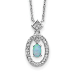 Sterling Silver Rhodium-plated Clear CZ Oval with Lab Created Opal Oval Dangle 16 inch Necklace with 2 inch extension