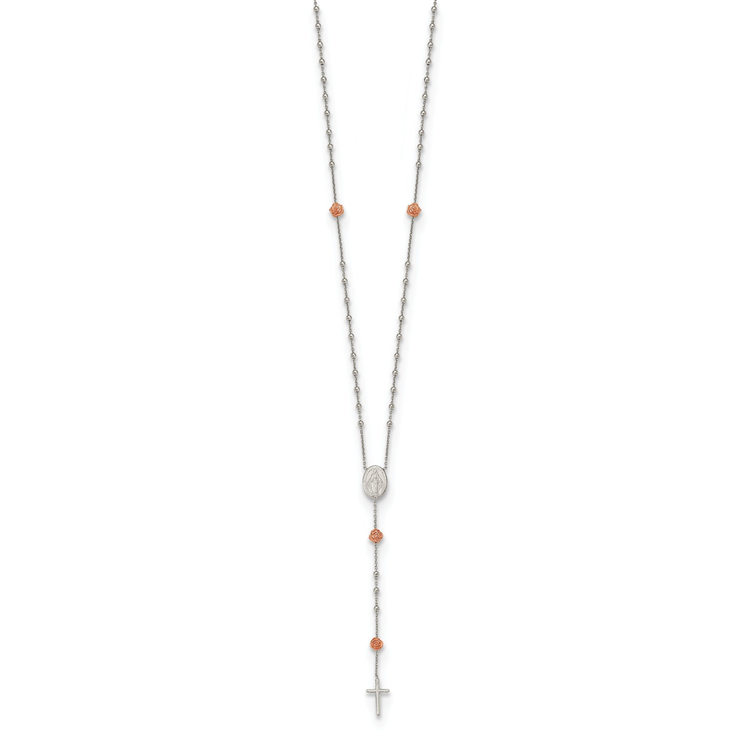 Sterling Silver RH-plated Beaded Rosary with Rose-tone Roses Necklace