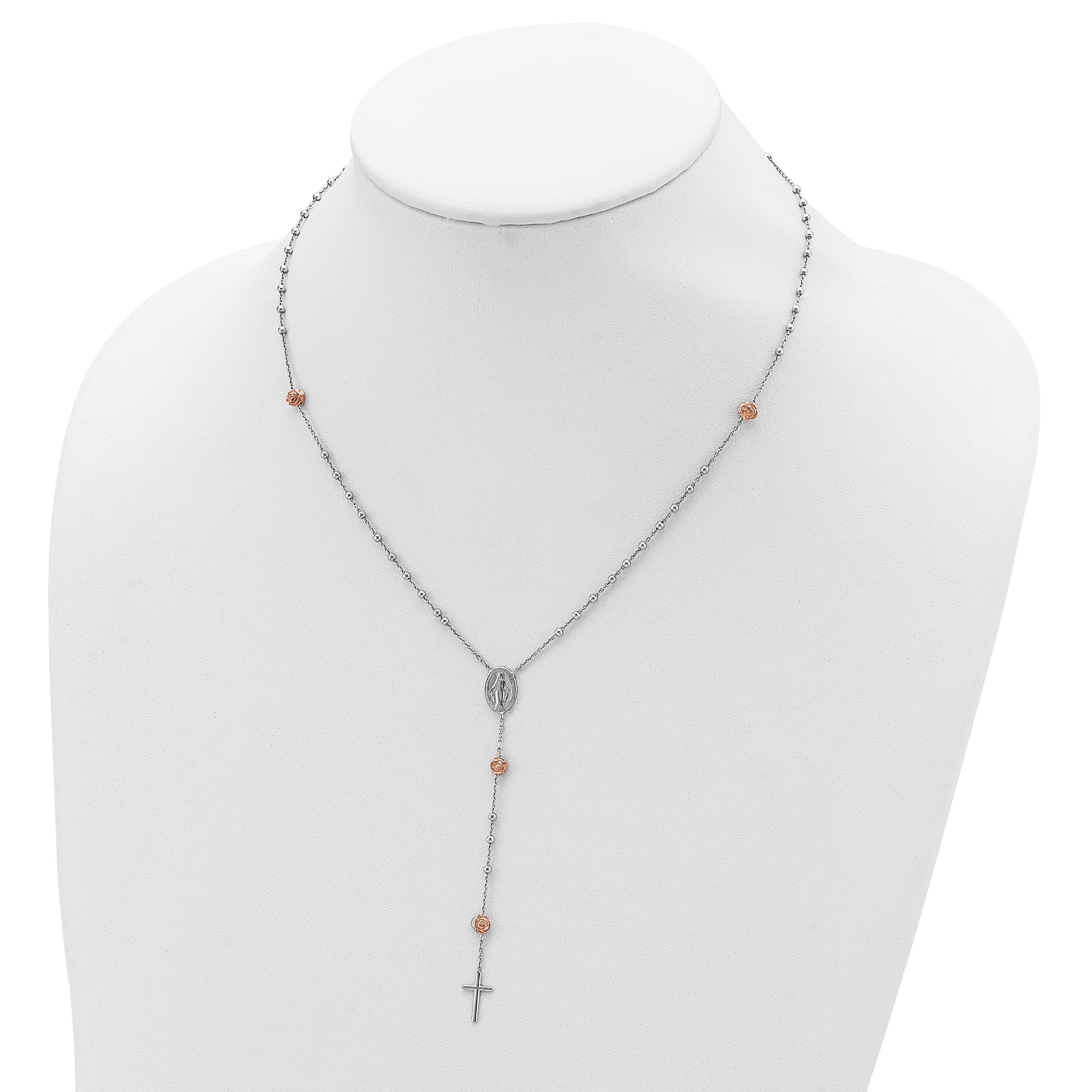 Sterling Silver RH-plated Beaded Rosary with Rose-tone Roses Necklace