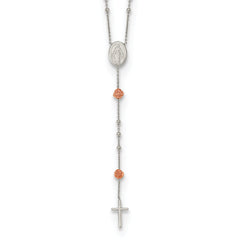 Sterling Silver RH-plated Beaded Rosary with Rose-tone Roses Necklace