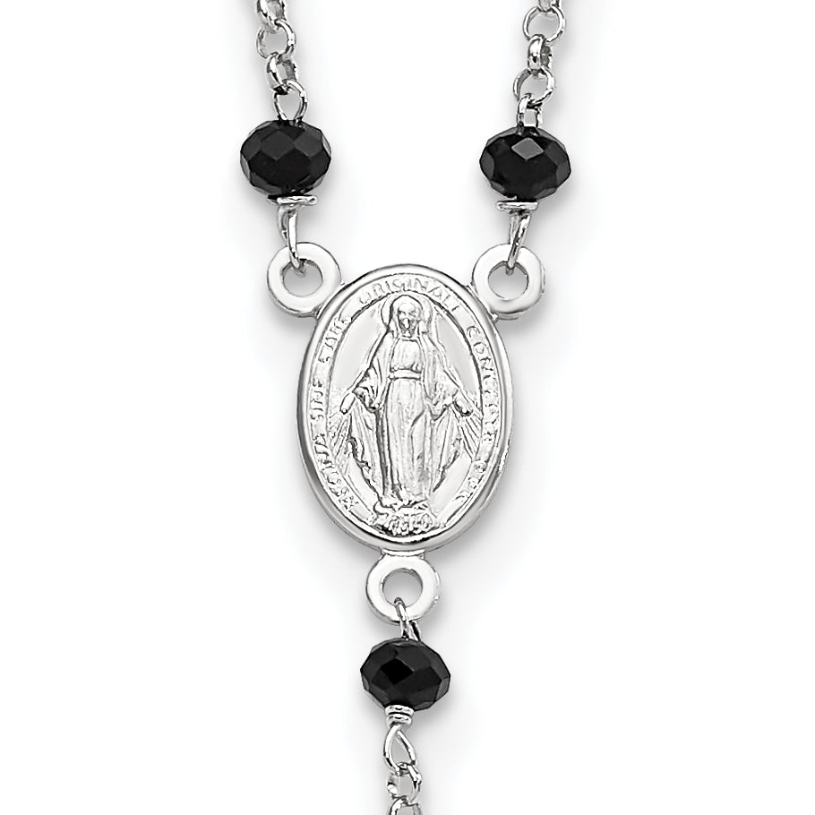 Sterling Silver Rhodium-plated Black Beaded Rosary w/1.25in .ext Necklace