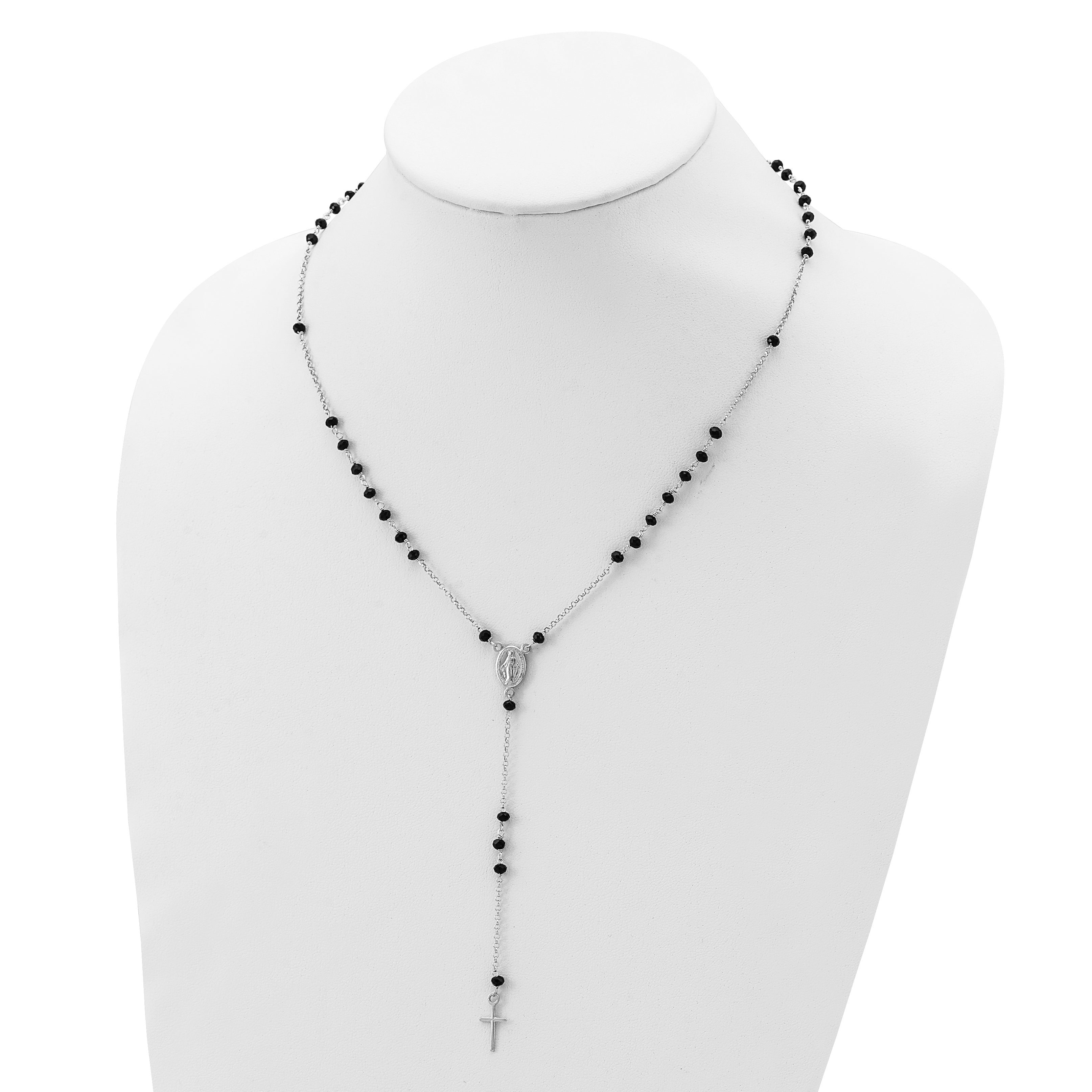 Sterling Silver Rhodium-plated Black Beaded Rosary w/1.25in .ext Necklace