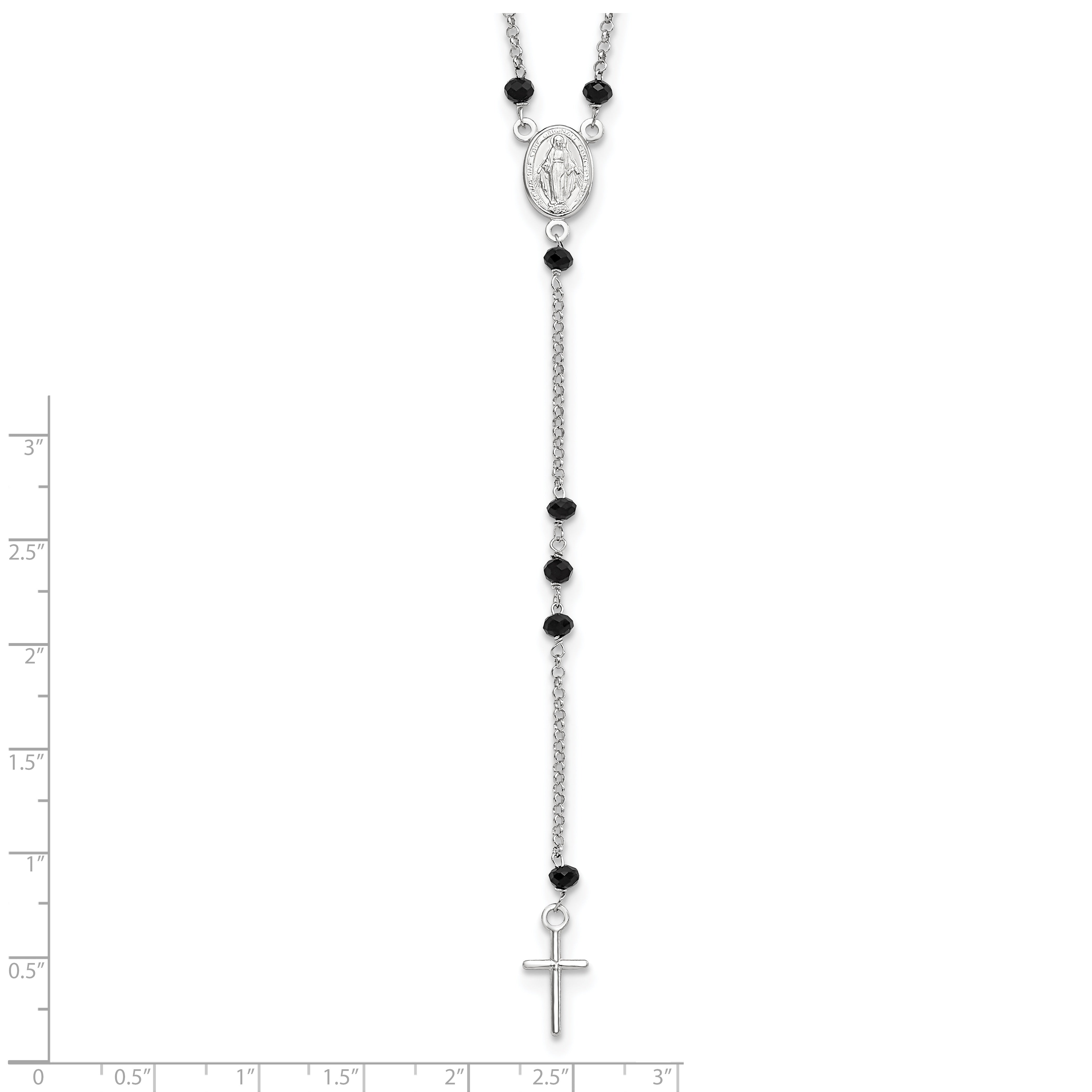 Sterling Silver Rhodium-plated Black Beaded Rosary w/1.25in .ext Necklace