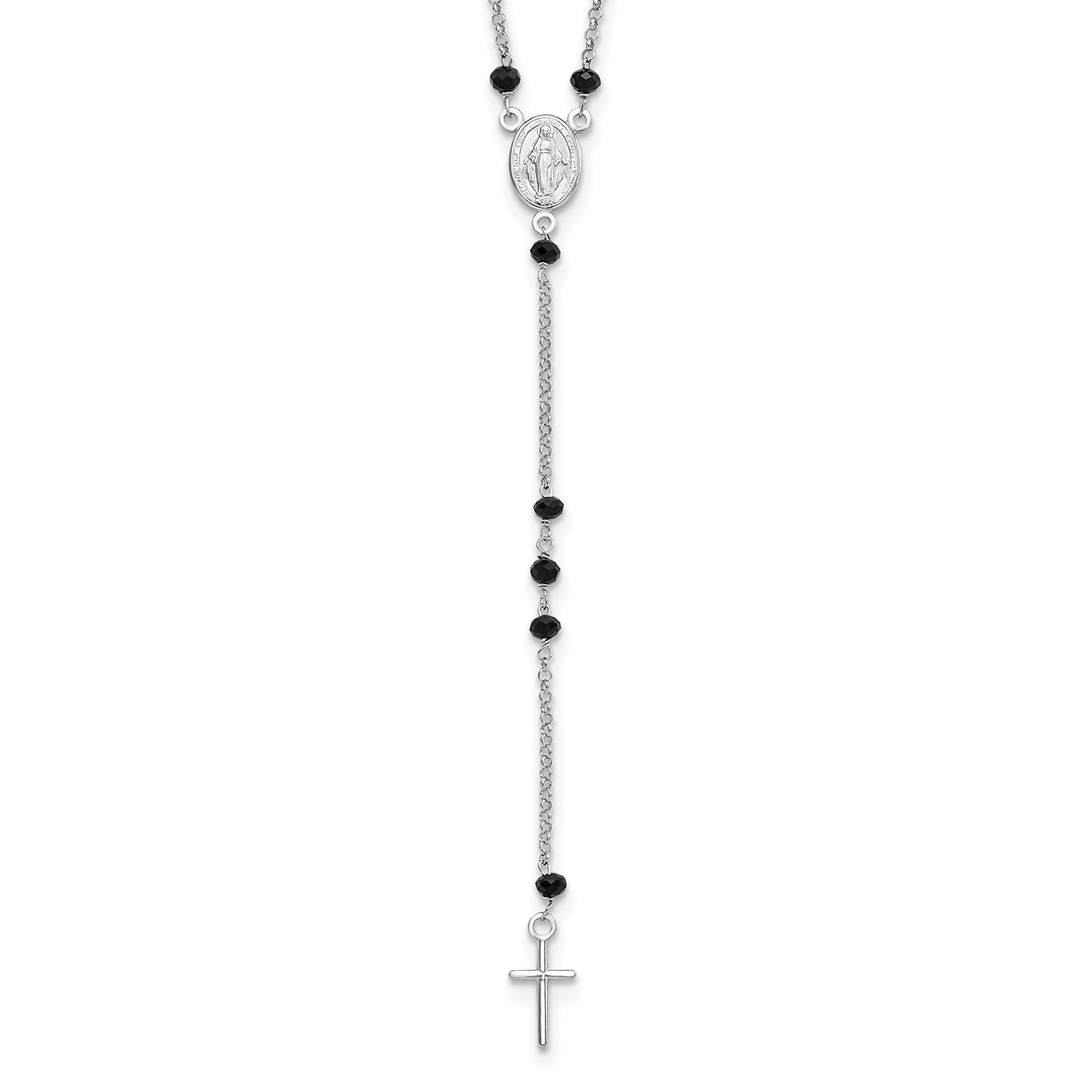 Sterling Silver Rhodium-plated Black Beaded Rosary w/1.25in .ext Necklace