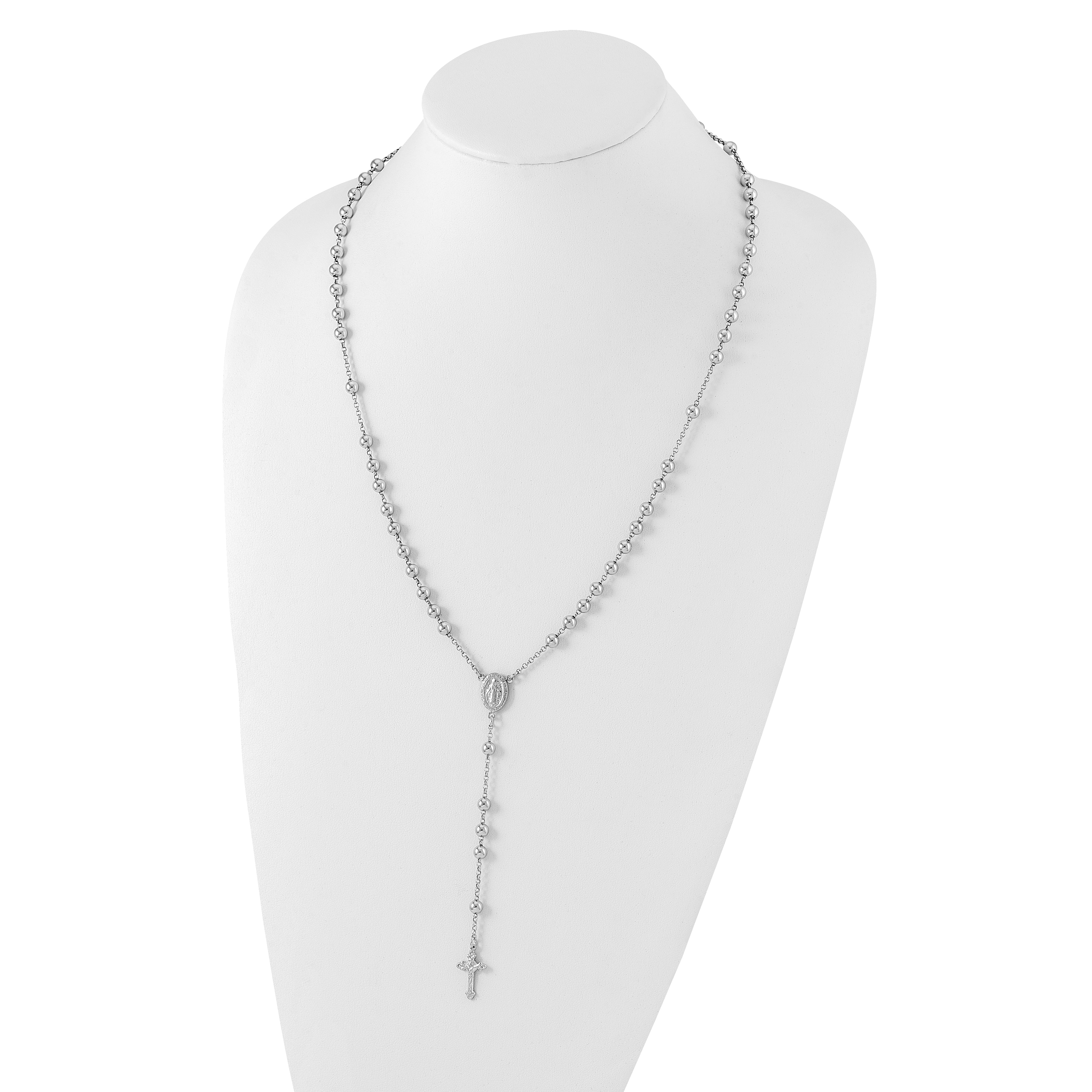 Sterling Silver Rhodium-plated Beaded Rosary Necklace