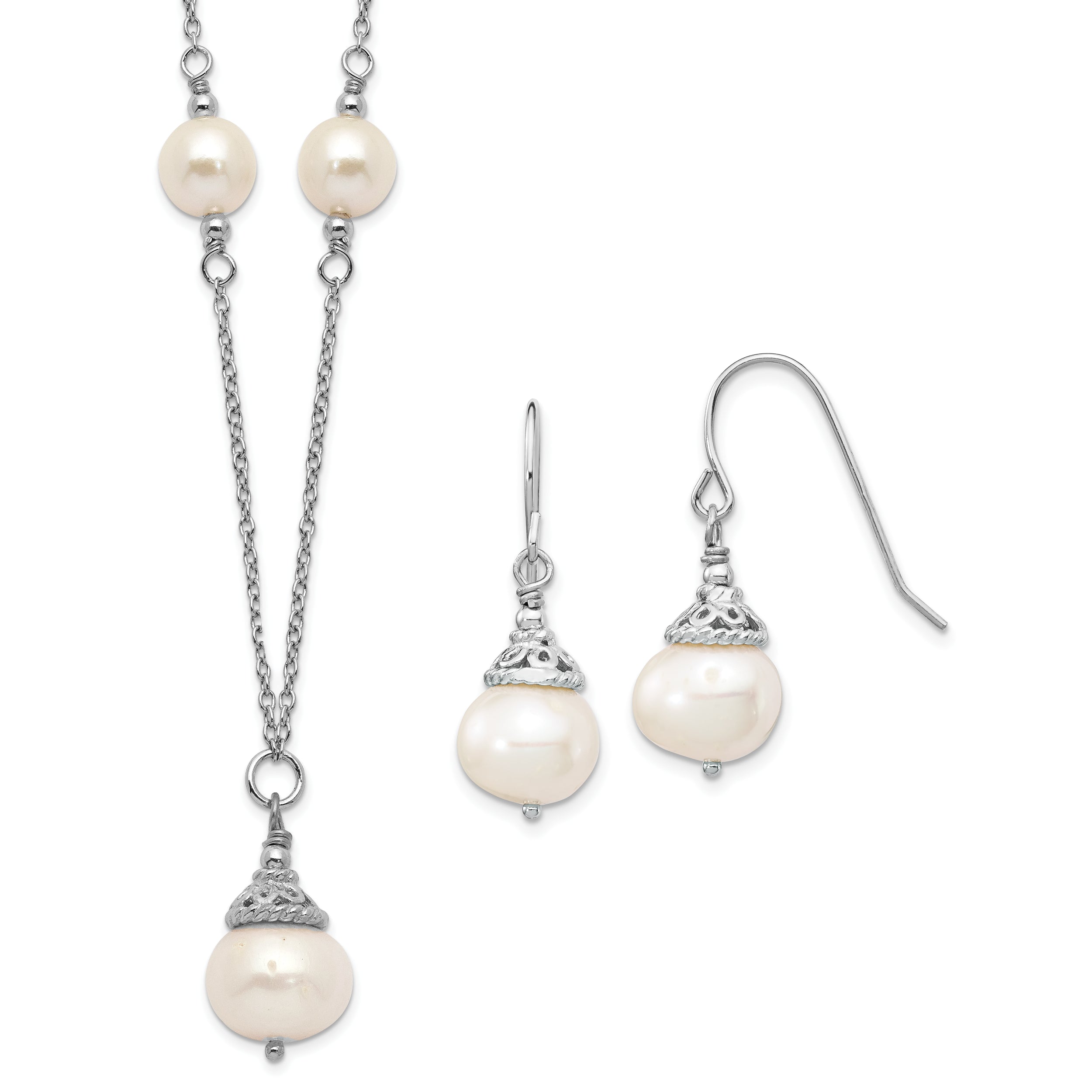 Sterling Silver Rhodium-plated 9-10mm FWC Pearl Necklace/Earrings Set