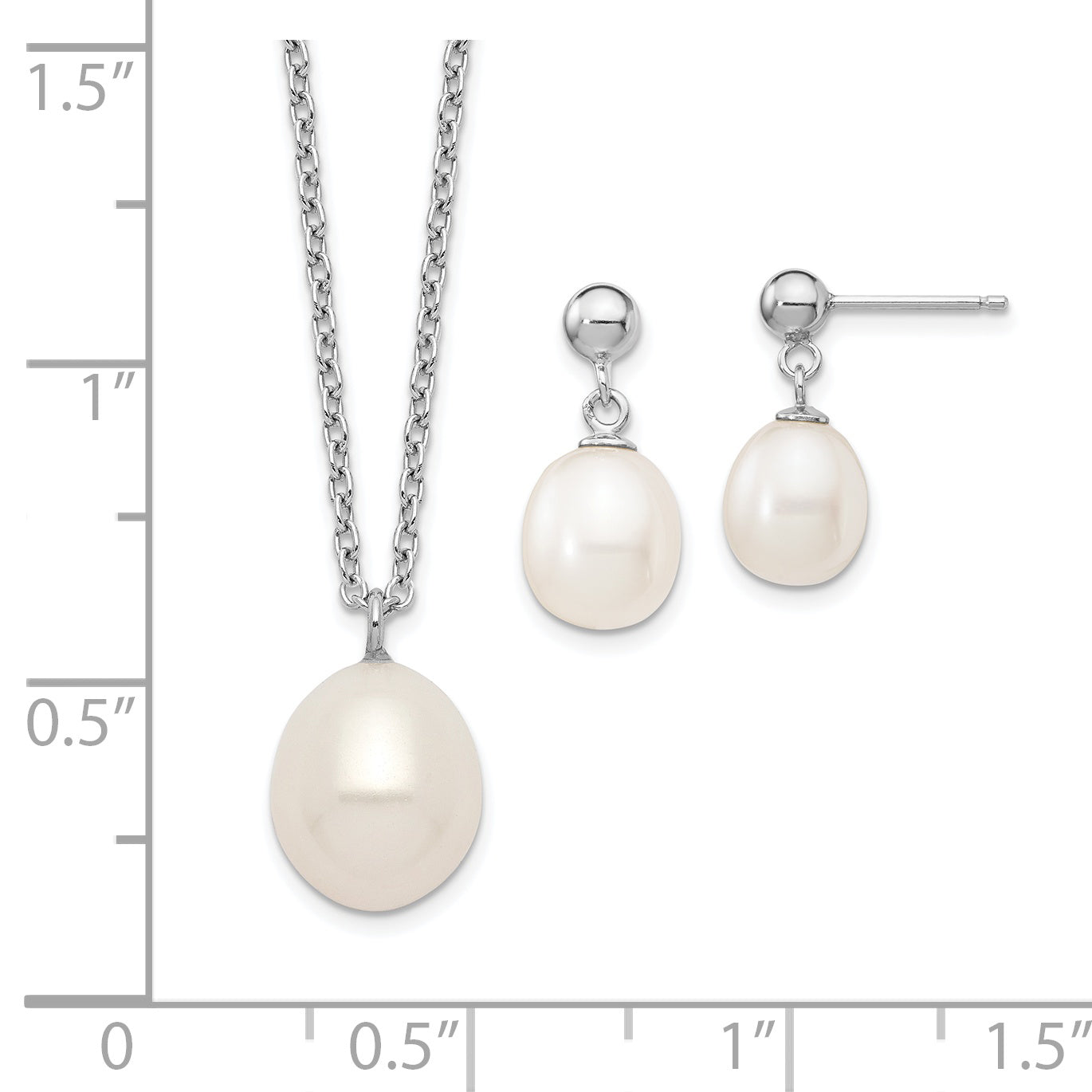 Sterling Silver Rhodium-plated 8-9mm Rice FWC Pearl Necklace/Earrings Set