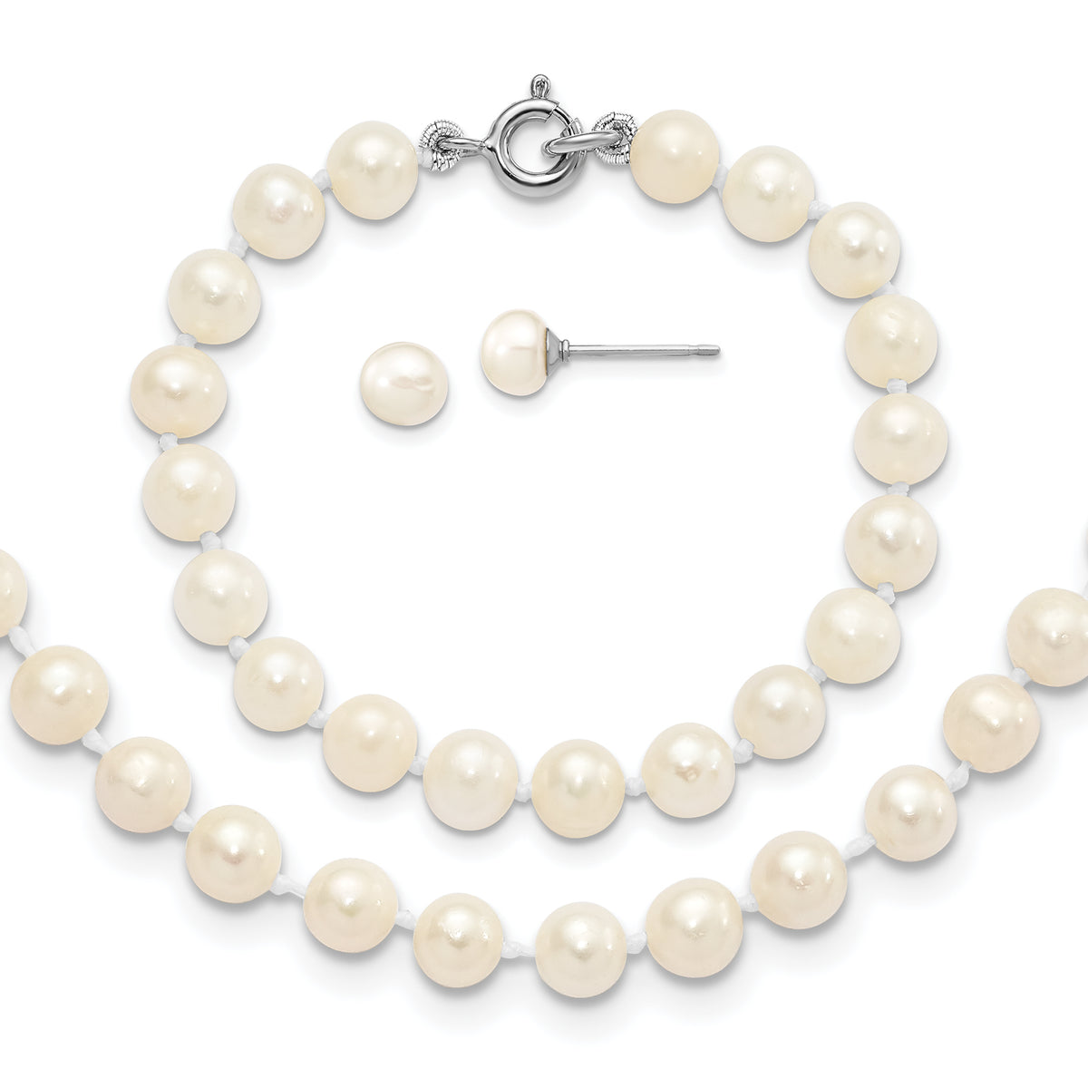 Sterling Silver Madi K Rhodium-plated 5-6mm Semi-round Freshwater Cultured Pearl 12in Necklace, 4in Bracelet & Button Earrring Set