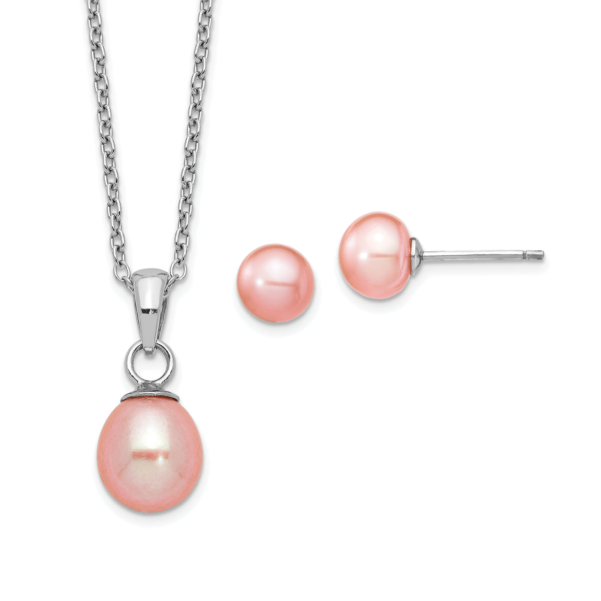 Sterling Silver Rhodium-plated Pink FWC Pearl Necklace/Earrings Set