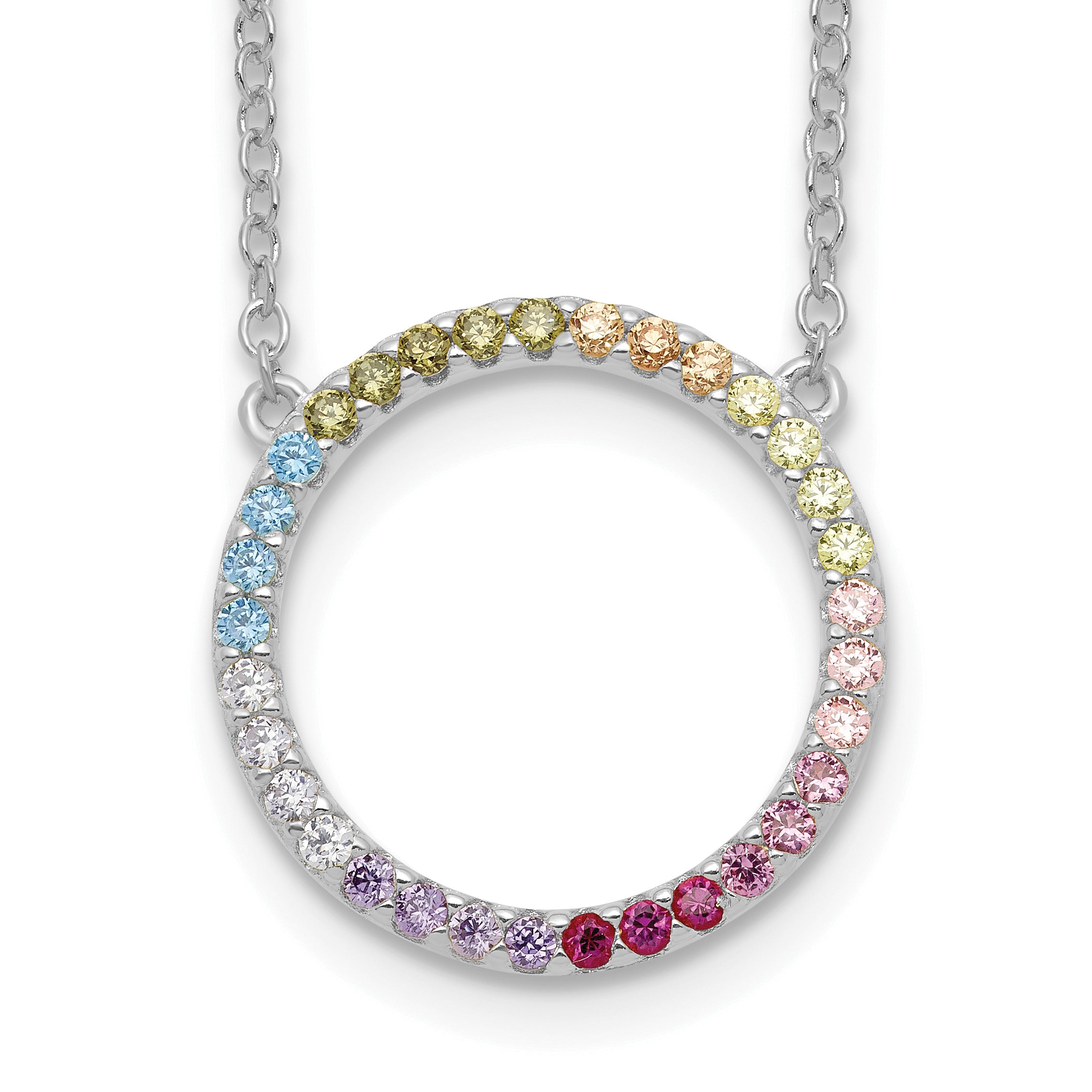 Prizma Sterling Silver Rhodium-plated 16 inch Colorful CZ Open Circle Necklace with 2 inch Extender