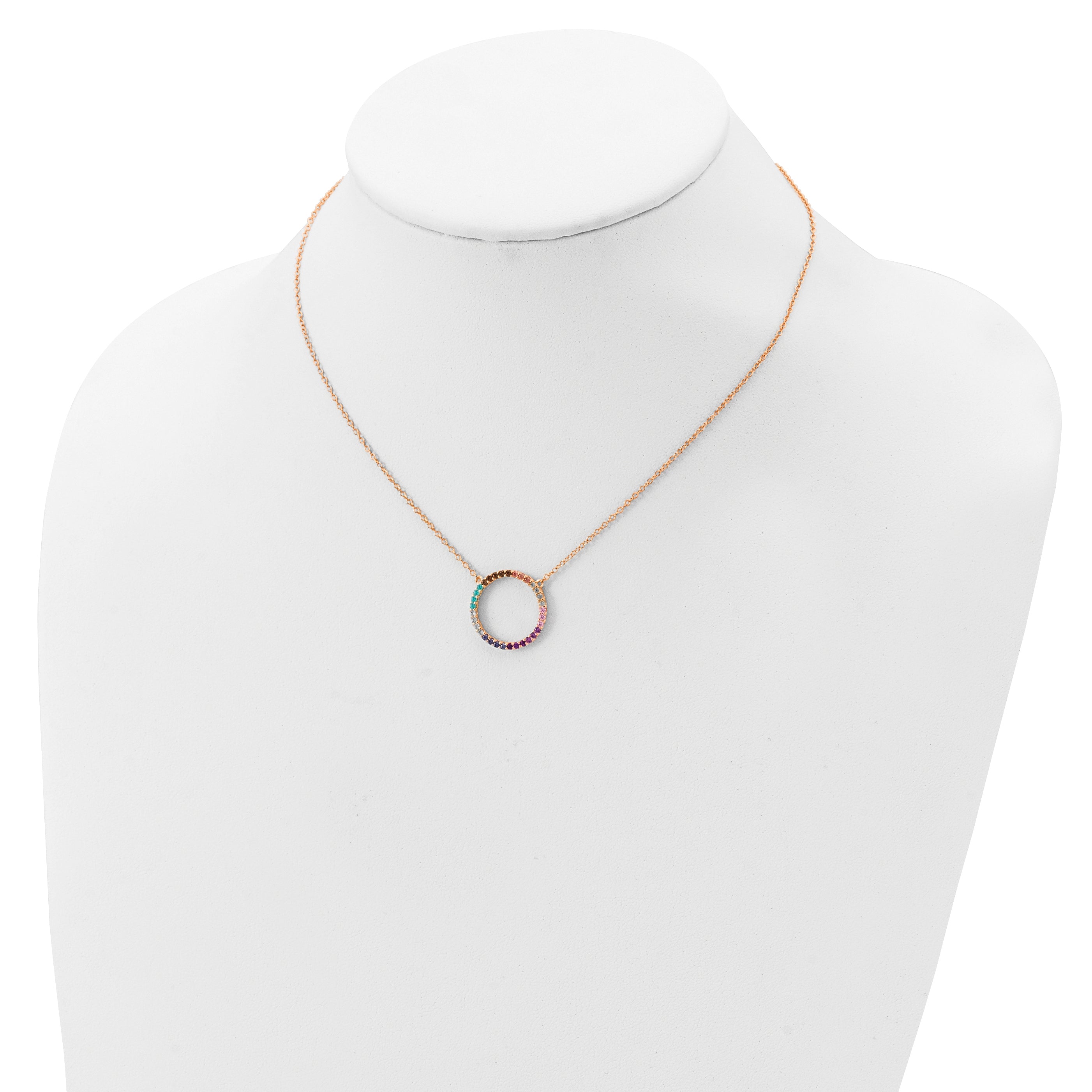 Prizma Sterling Silver Rose-tone 14K Flash Rose Gold-plated 16 inch Colorful CZ Open Circle Necklace with 2 inch Extender