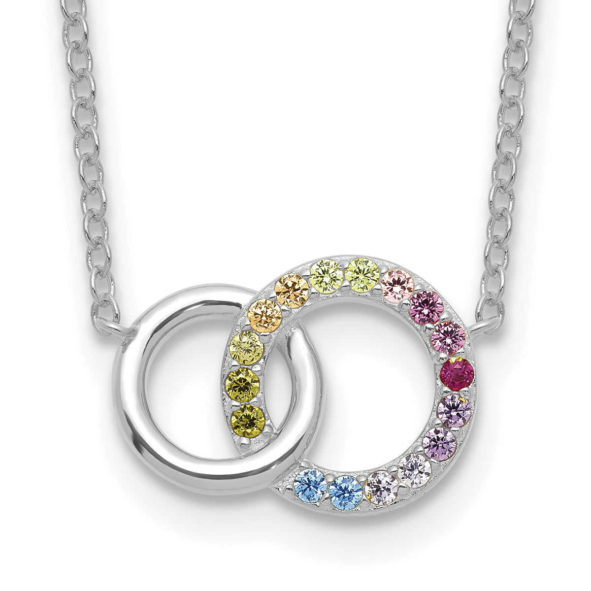 Prizma Sterling Silver Rhodium-plated 16 inch Colorful CZ Intertwined Circle Necklace with 2 inch Extender