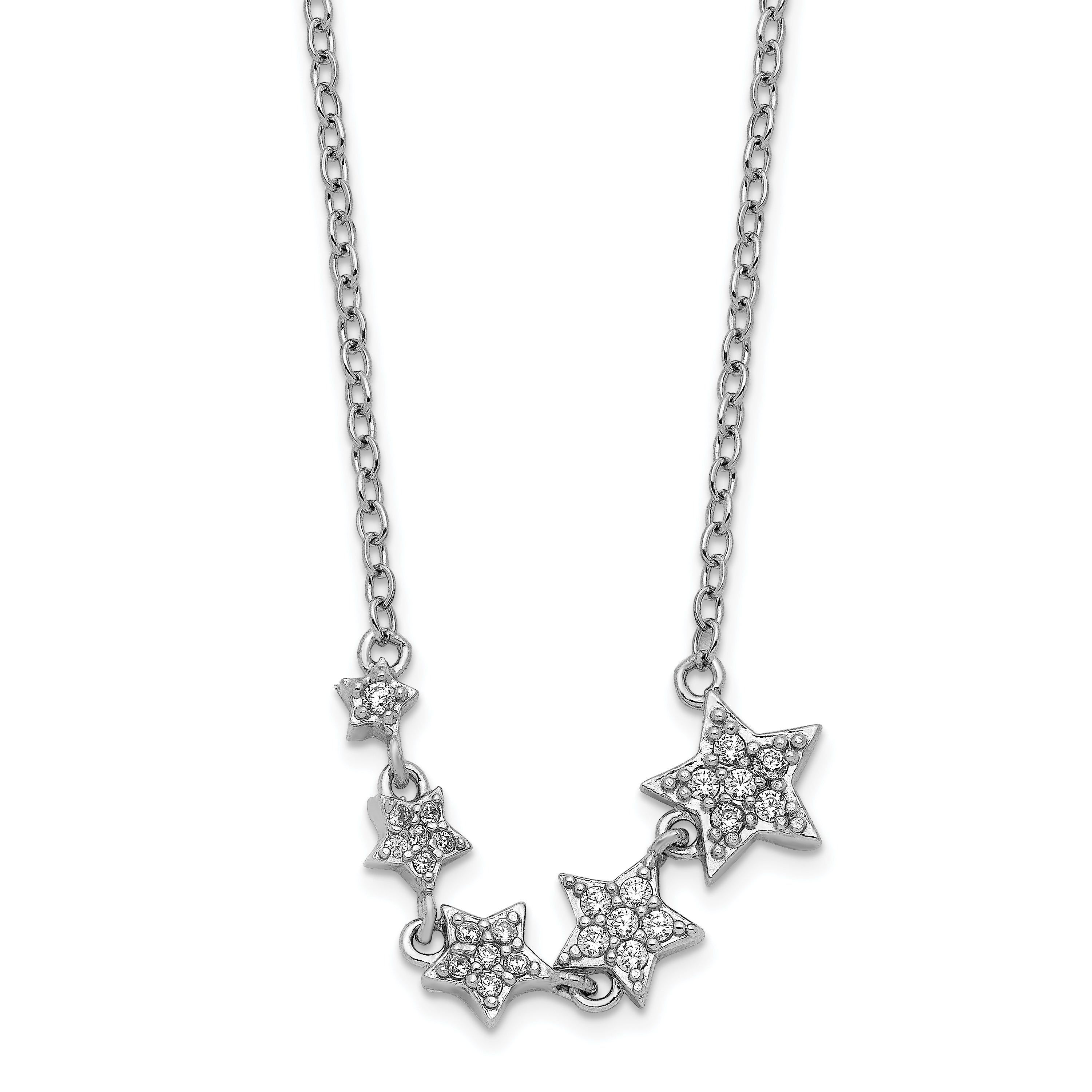 Sterling Silver Rh-Plated Graduating CZ Stars w/ 2in Ext. Necklace